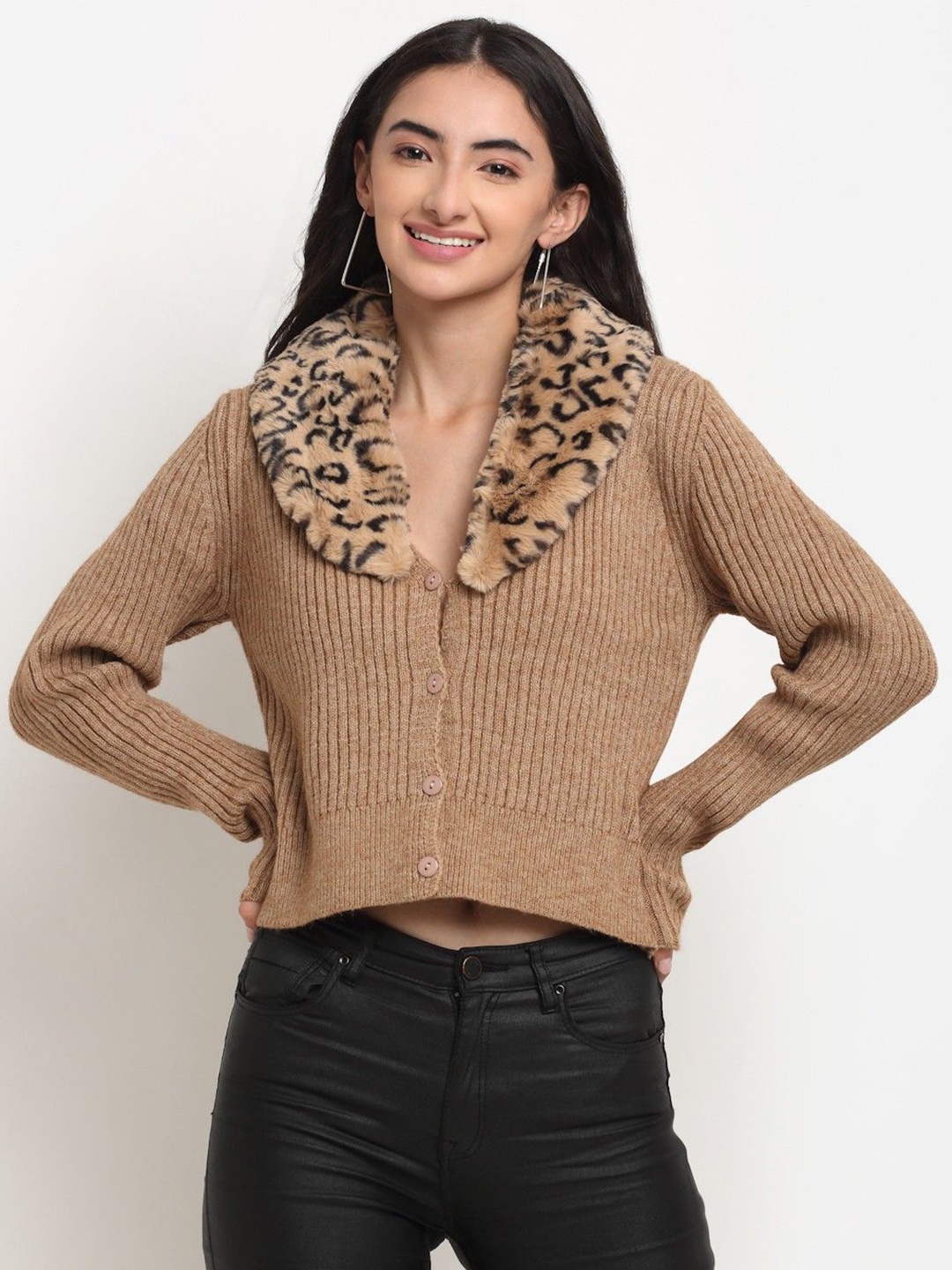 

Global Republic Women Striped Crop Cardigan, Brown