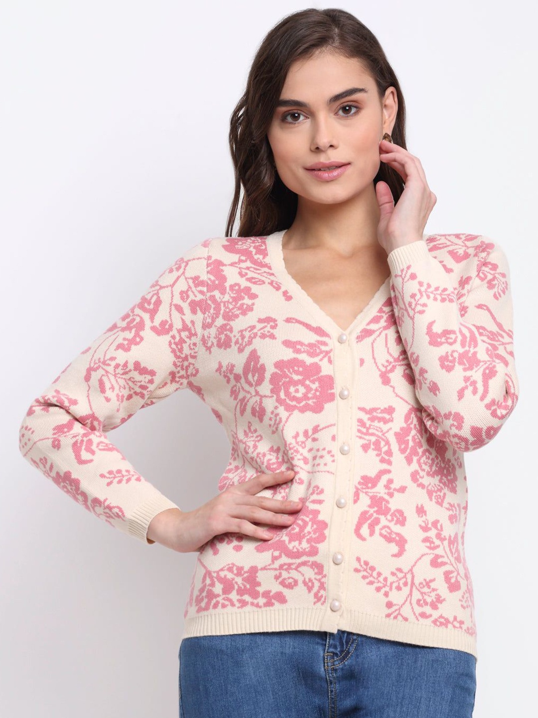 

Global Republic Women Floral Printed Cardigan, Beige