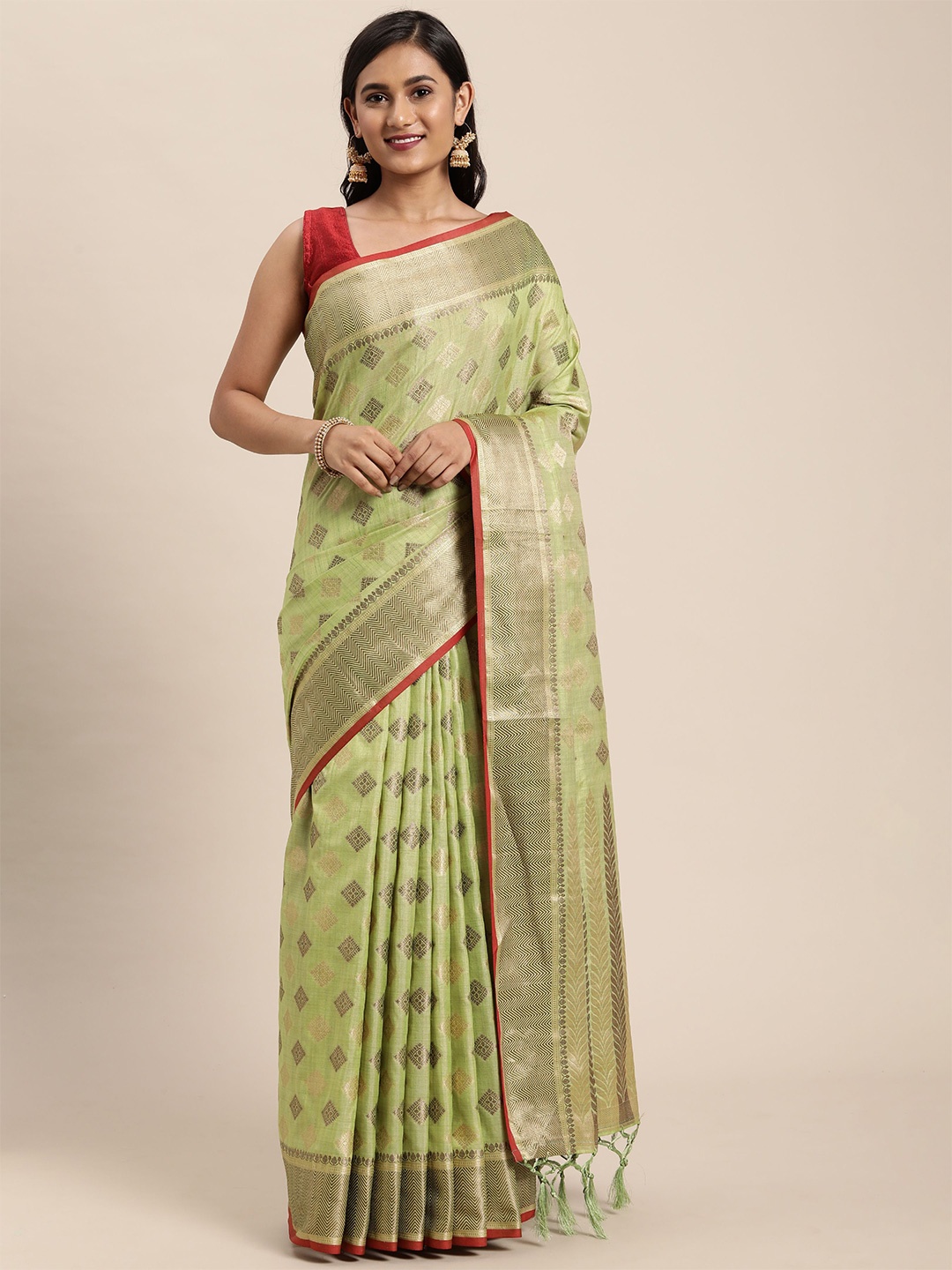 

Jinal & Jinal Woven Design Zari Pure Cotton Chanderi Saree, Green
