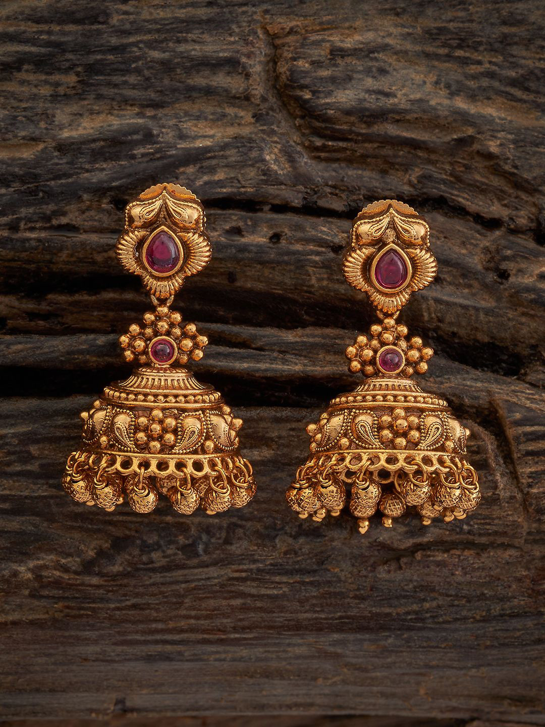 

Kushal's Fashion Jewellery Gold-Plated Dome Shaped Jhumkas Artificial Stones Earrings