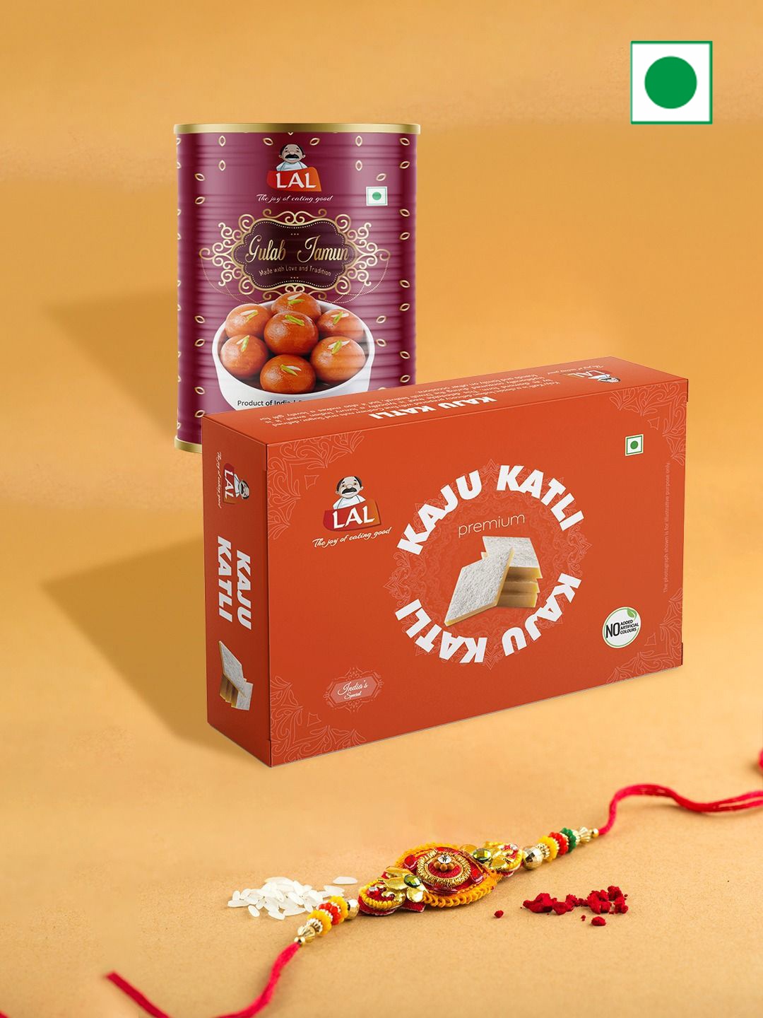 

LAL Rakhi With Gulab Jamun & Kaju Katli, Gold