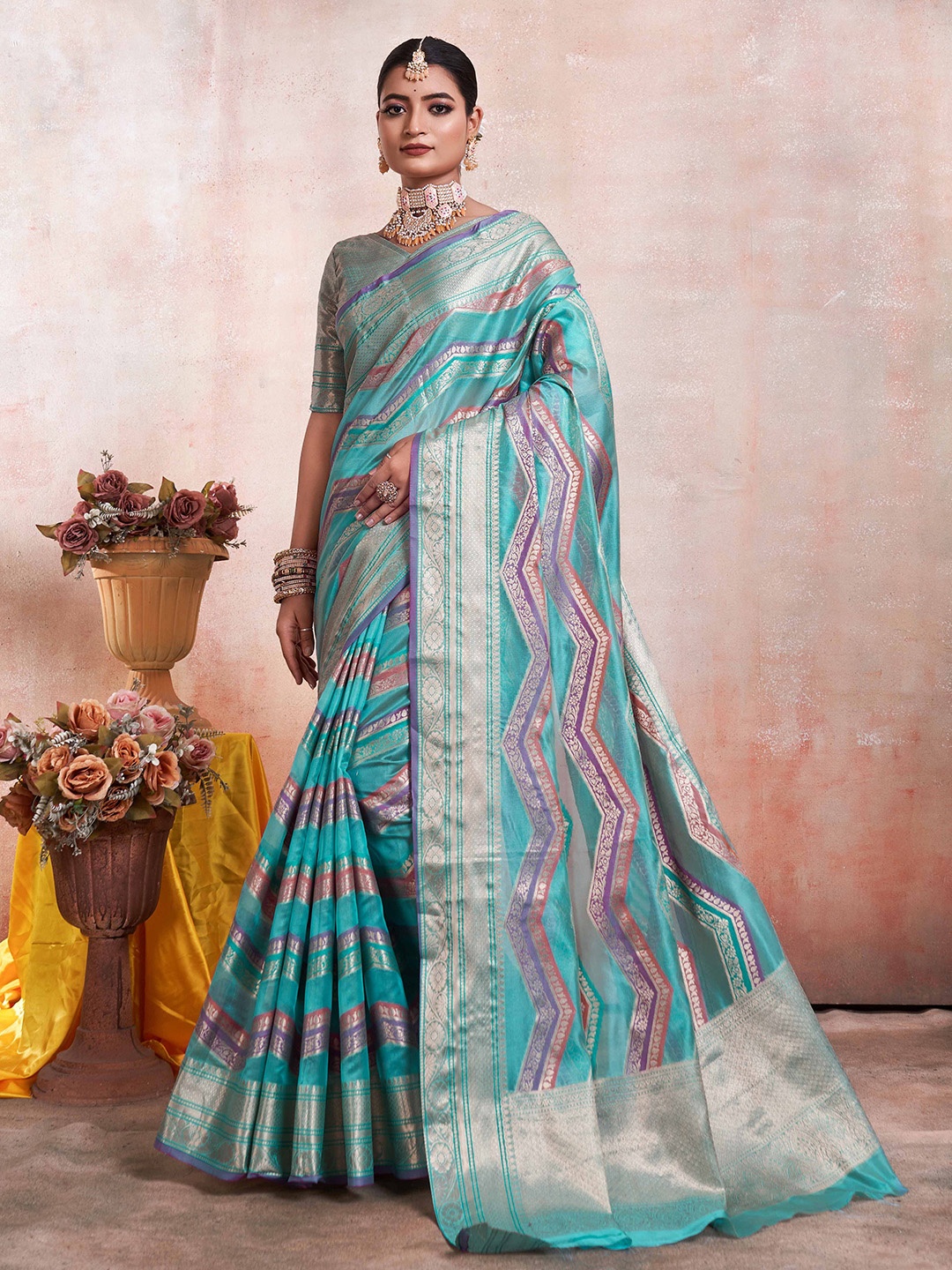 

KALINI Kanjeevaram Geometric Printed Woven Design Zari Saree, Blue
