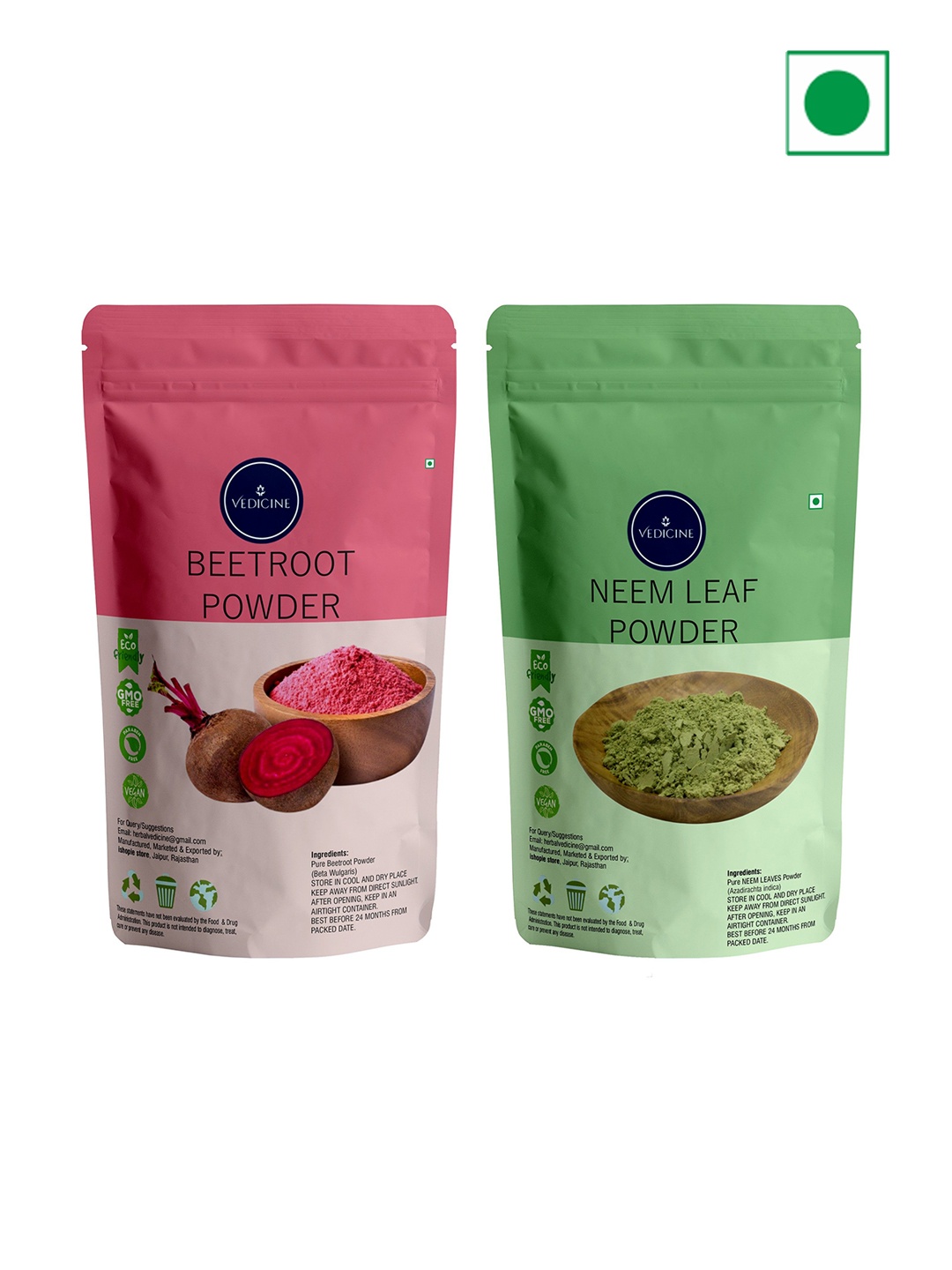 

VEDICINE Set Of 2 Beetroot & Neem Leaf Powder Face Mask- 100g Each, Green