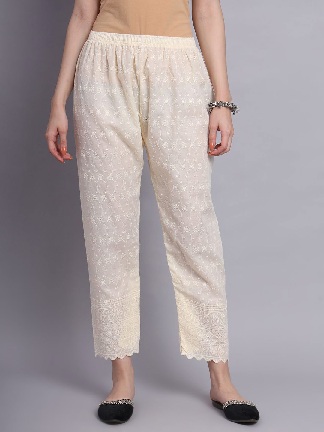 

Vastraa Fusion Women Floral Embroidered Knitted Ethnic Palazzos, Off white