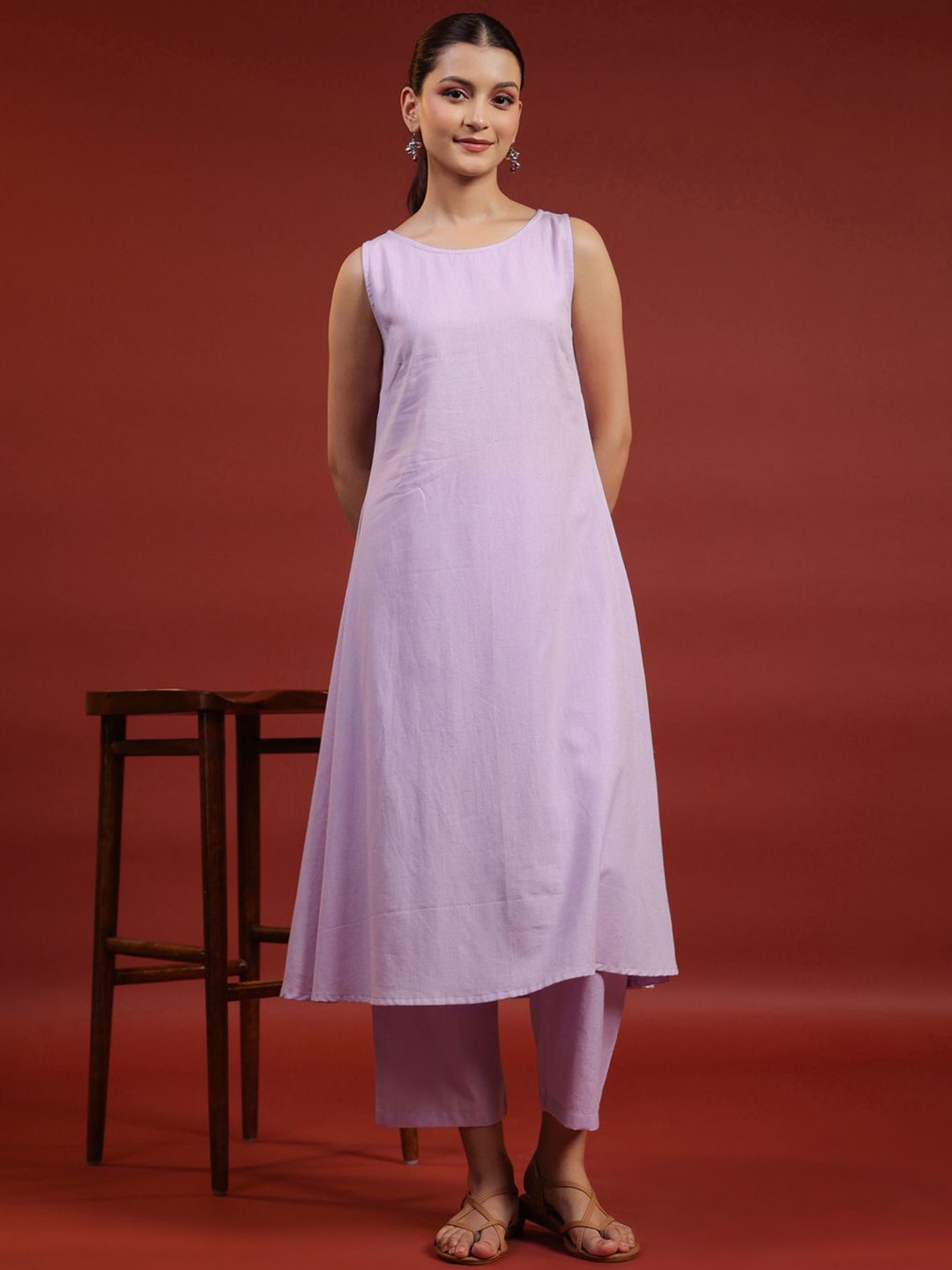 

Anayna Women Pure Cotton Regular A Line Kurta & Trousers Set, Purple