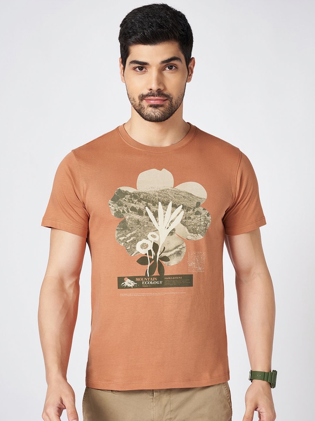 

Urban Ranger by pantaloons Men Graphic Printed Round Neck Cotton Slim Fit T-Shirt, Tan