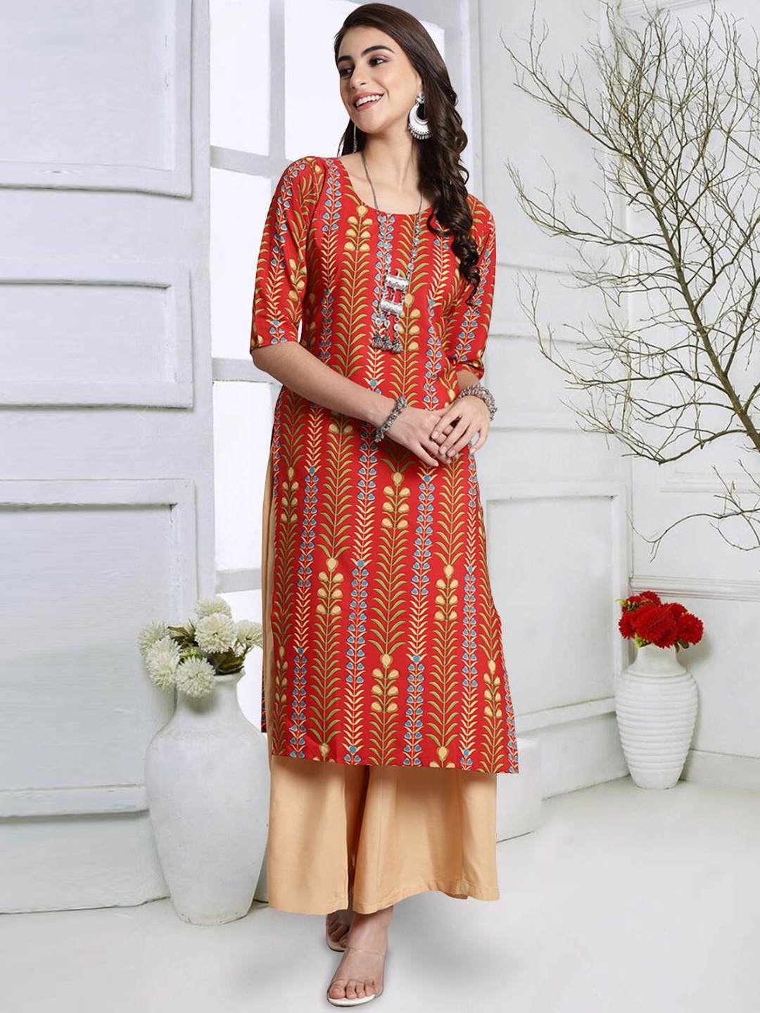 

7Threads Women Geometric Dyed Flared Sleeves Sequinned Floral Crepe Kurta, Multi