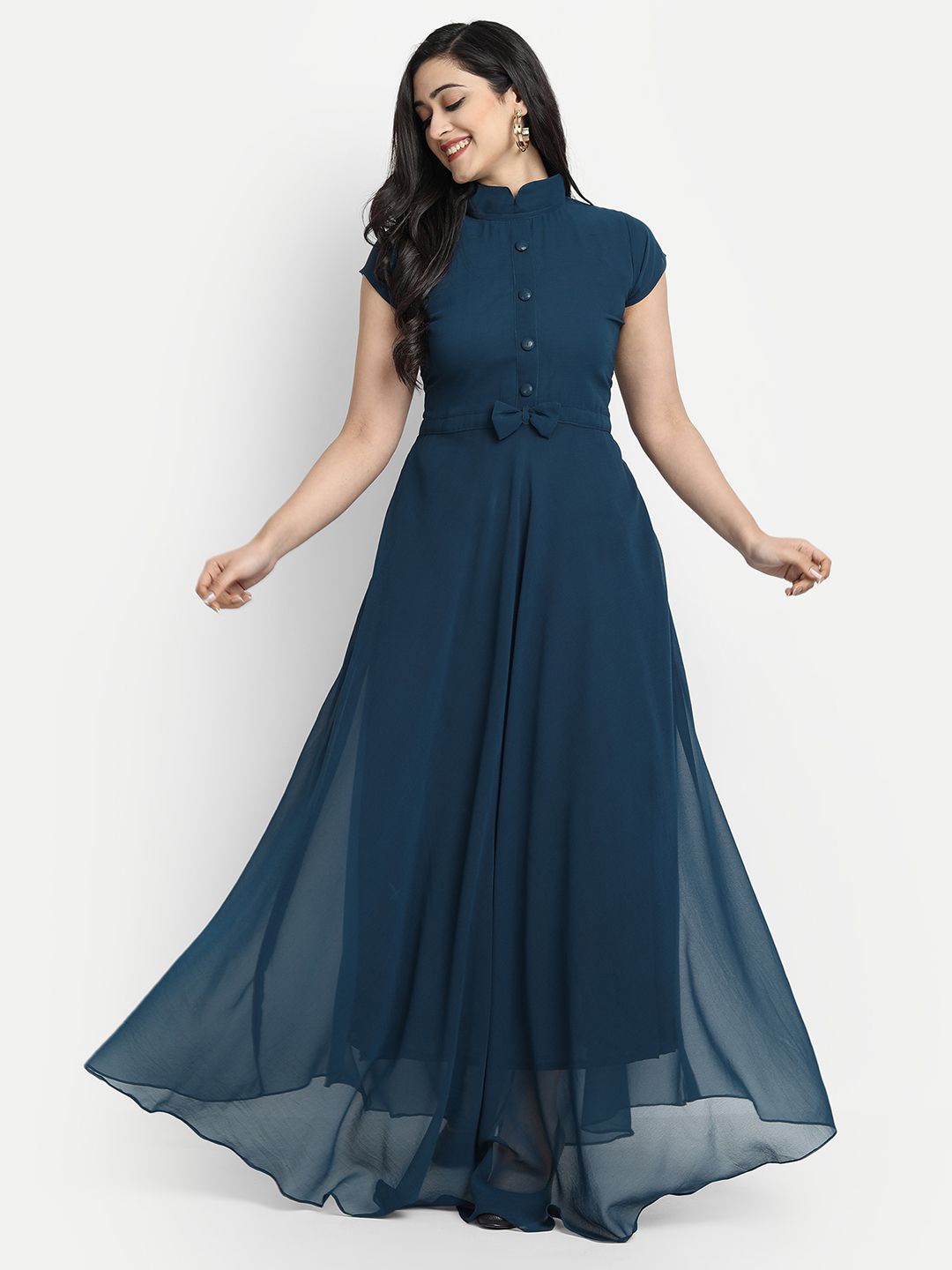 

Vastani Enterprise Mandarin Collar Cap Sleeves Maxi Dress, Blue