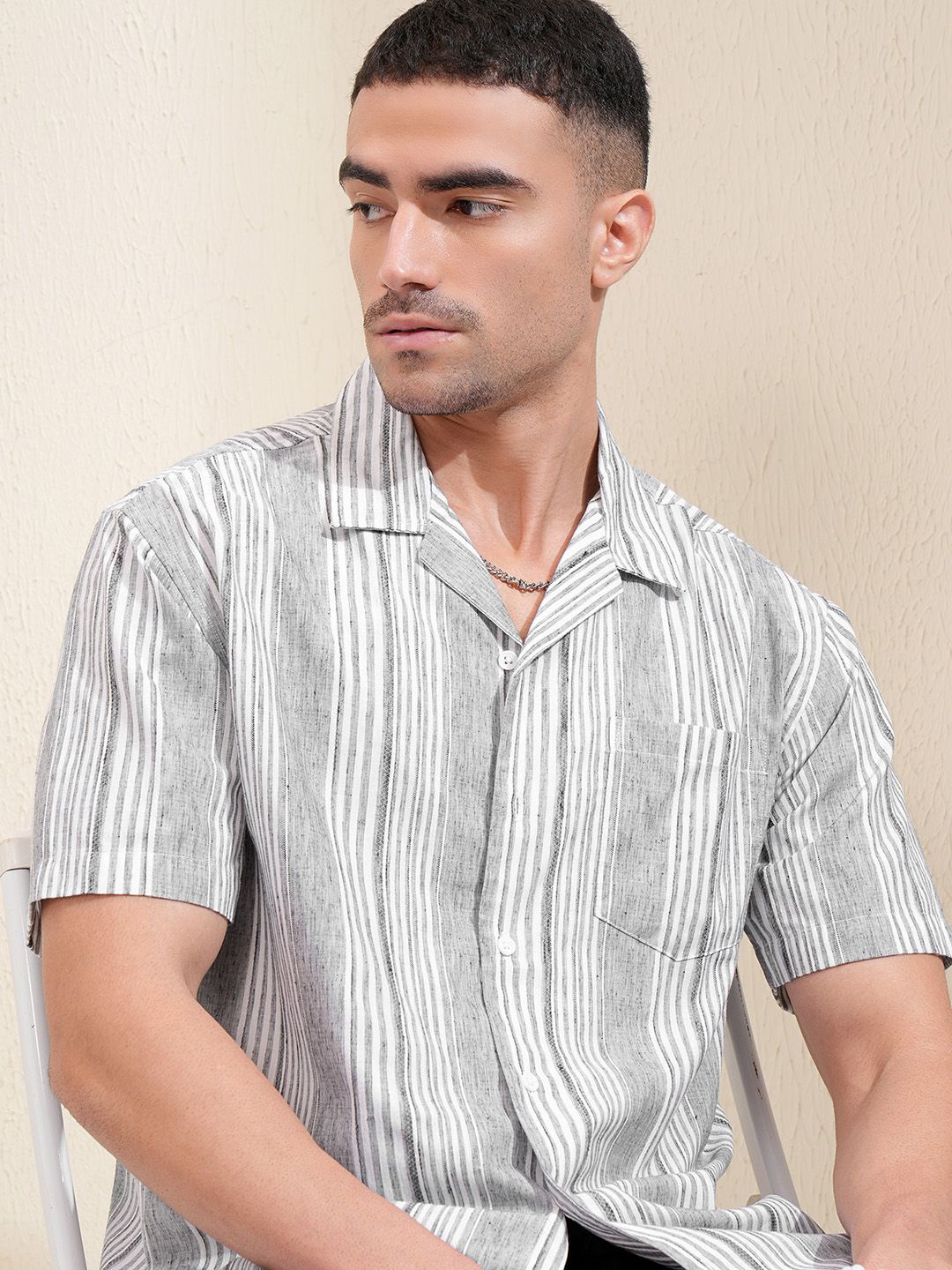 

LOCOMOTIVE Premium Men Horizontal Stripped Cuban Collar Relaxed Fit Shirt, Grey