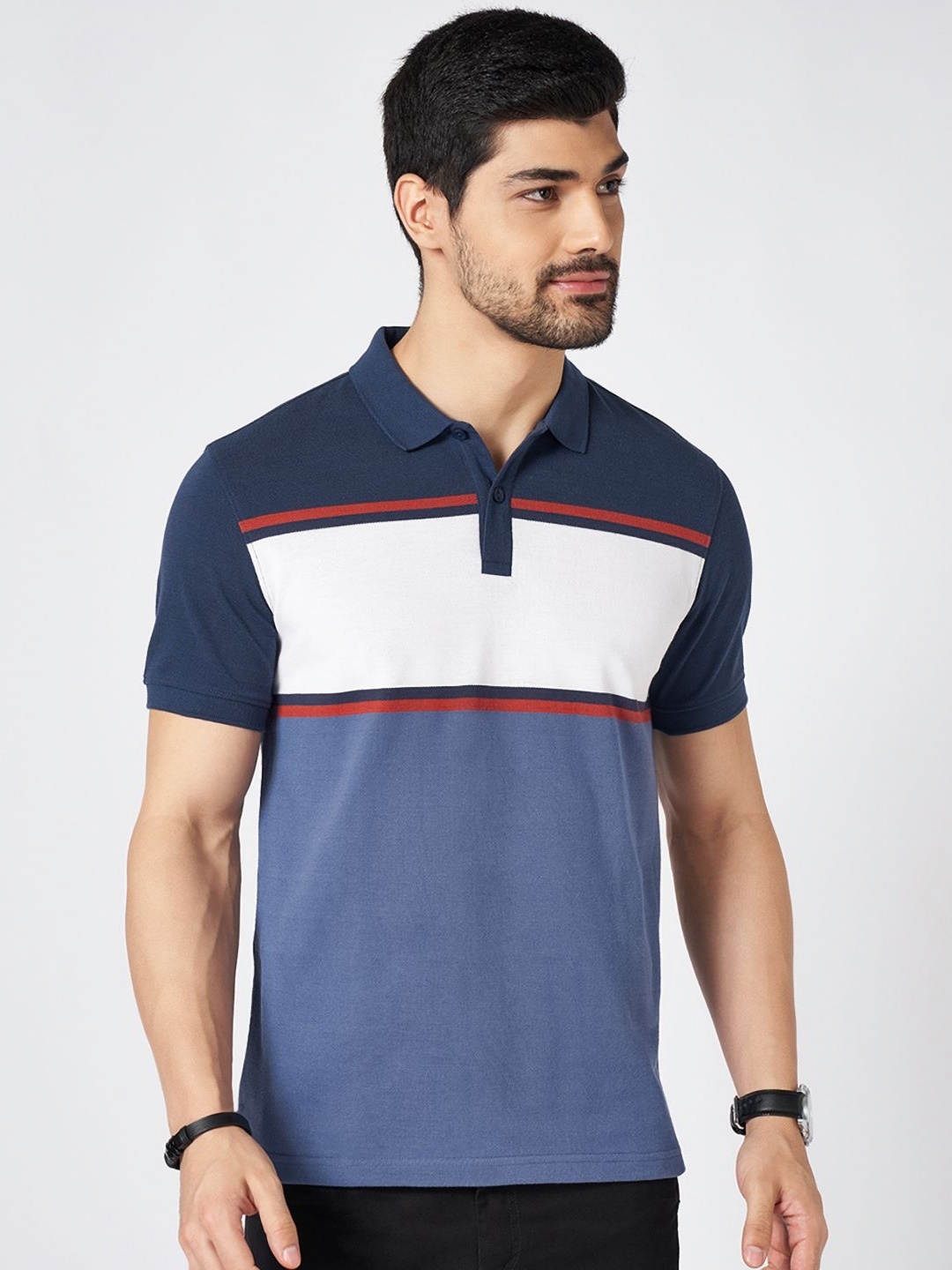 

BYFORD by Pantaloons Men Striped Polo Collar Cotton Slim Fit T-Shirt, Teal