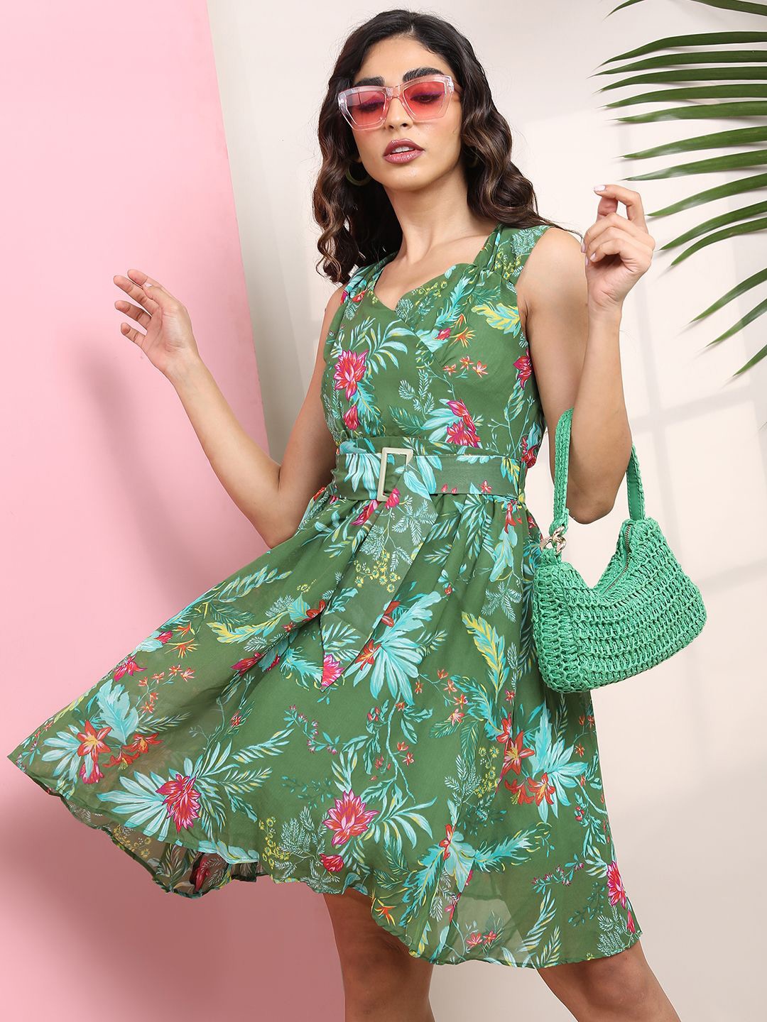 

Tokyo Talkies Sweetheart Neck Fit & Flare Floral Dress, Green