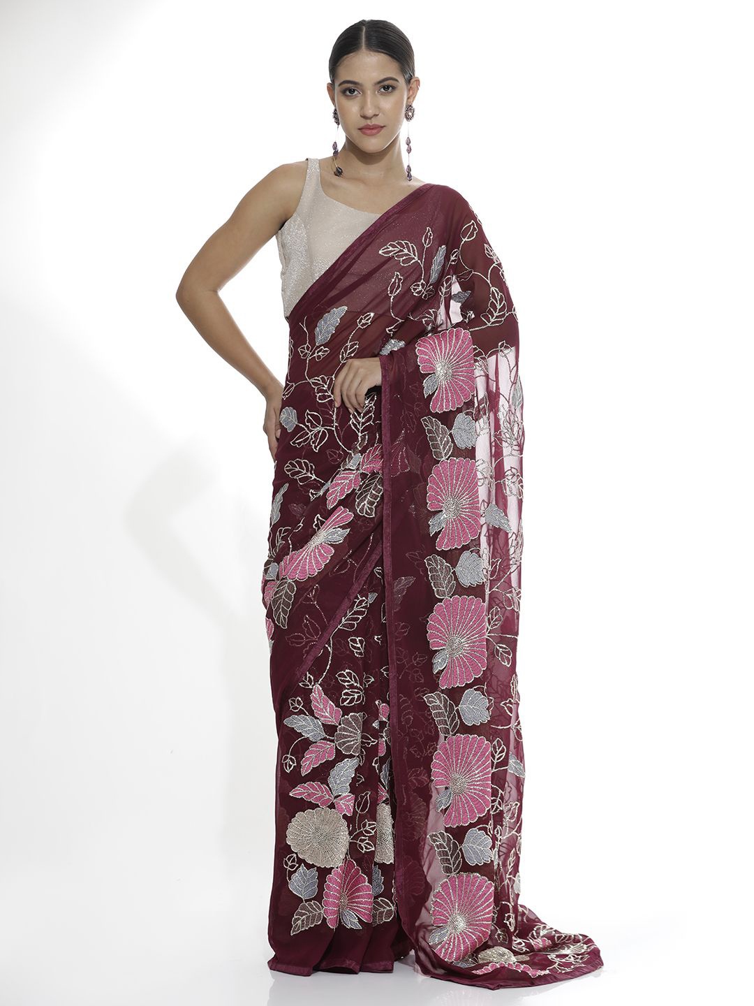 

Jaipur Kurti Embellished Embroidered Pure Georgette Saree, Violet