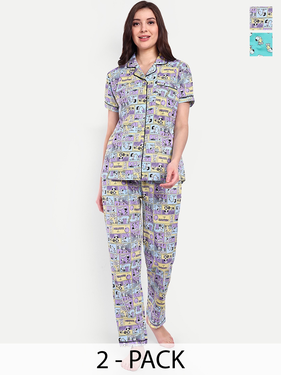 

Bedtime Story Women Pack of 2 Pure Cotton Printed Lapel Collar Night Suit, Blue