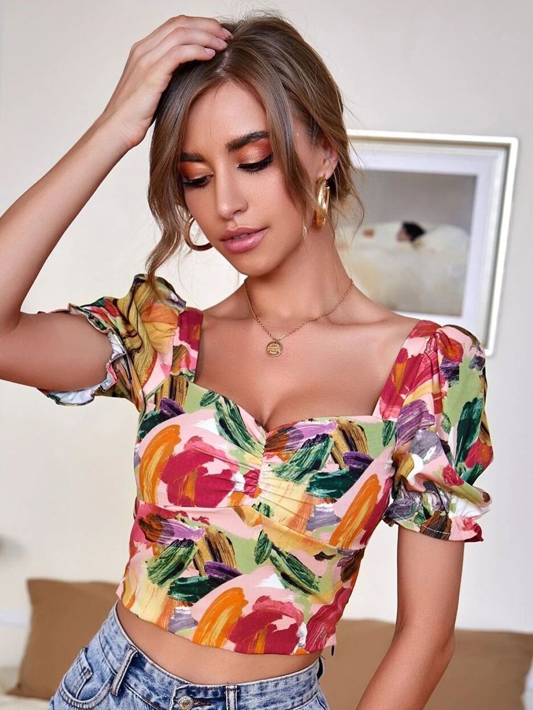 

Stylecast X Slyck Floral Print Sweetheart Neck Puff Sleeve Ruffles Crop Top, Multi