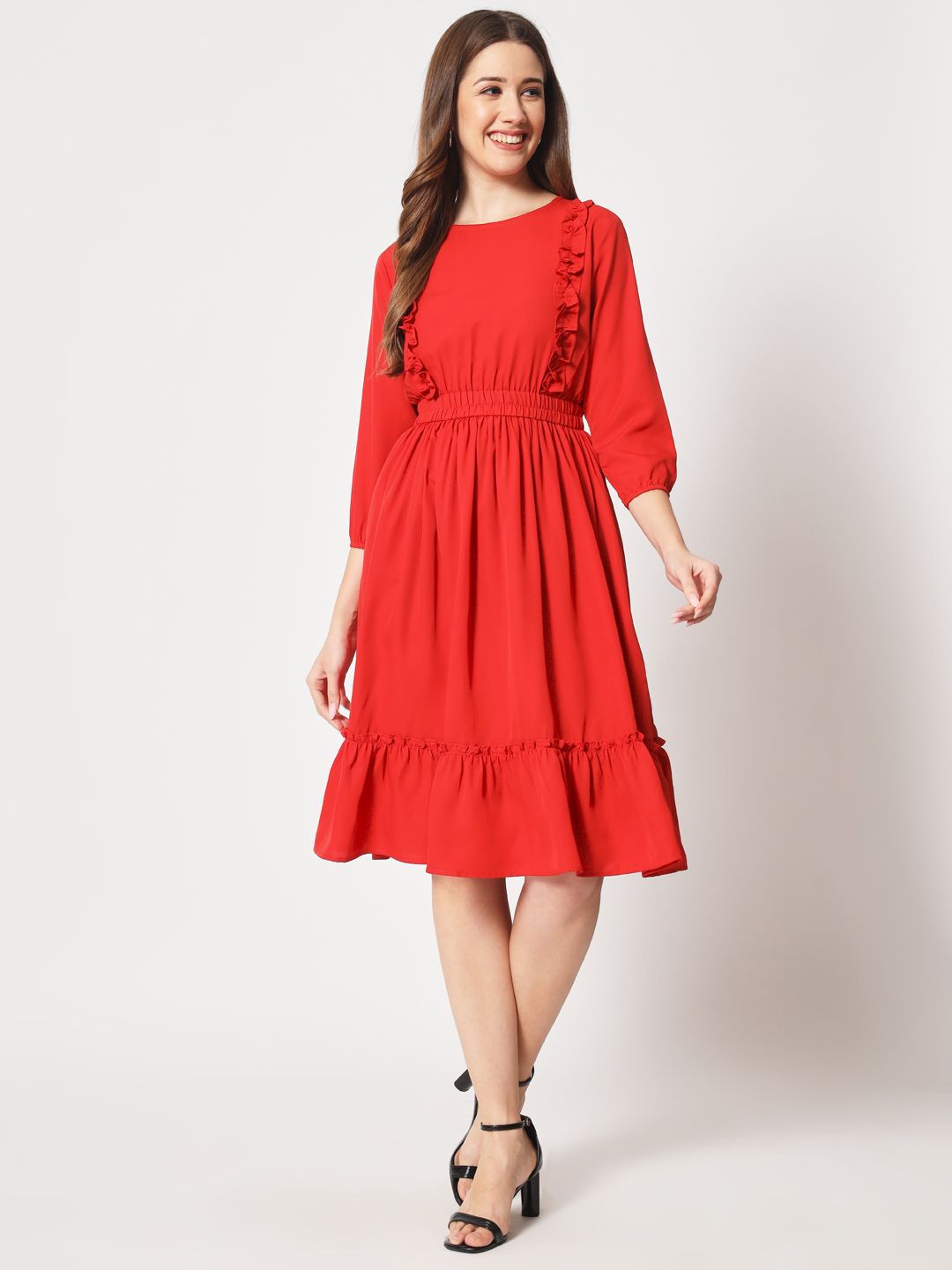 

Kannan Boat Neck Puff Sleeves Crepe Fit and Flare Dress, Red