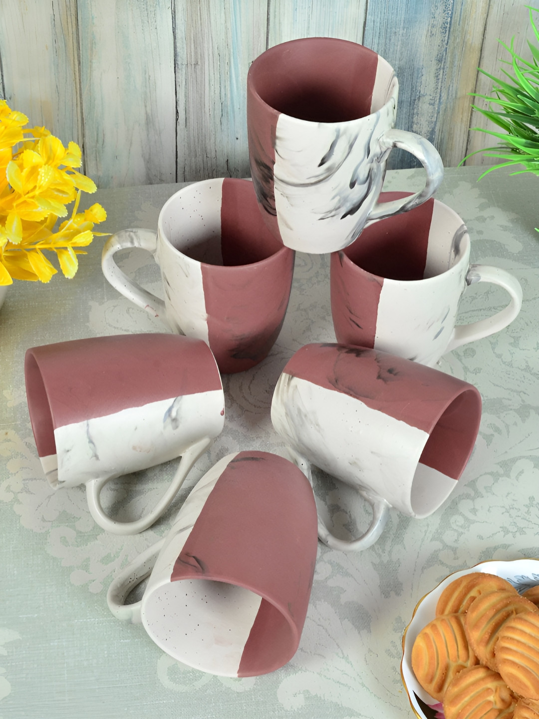 

FABINALIV Set of 6 Rust & White Striped Handcrafted Ceramics Matte Mugs
