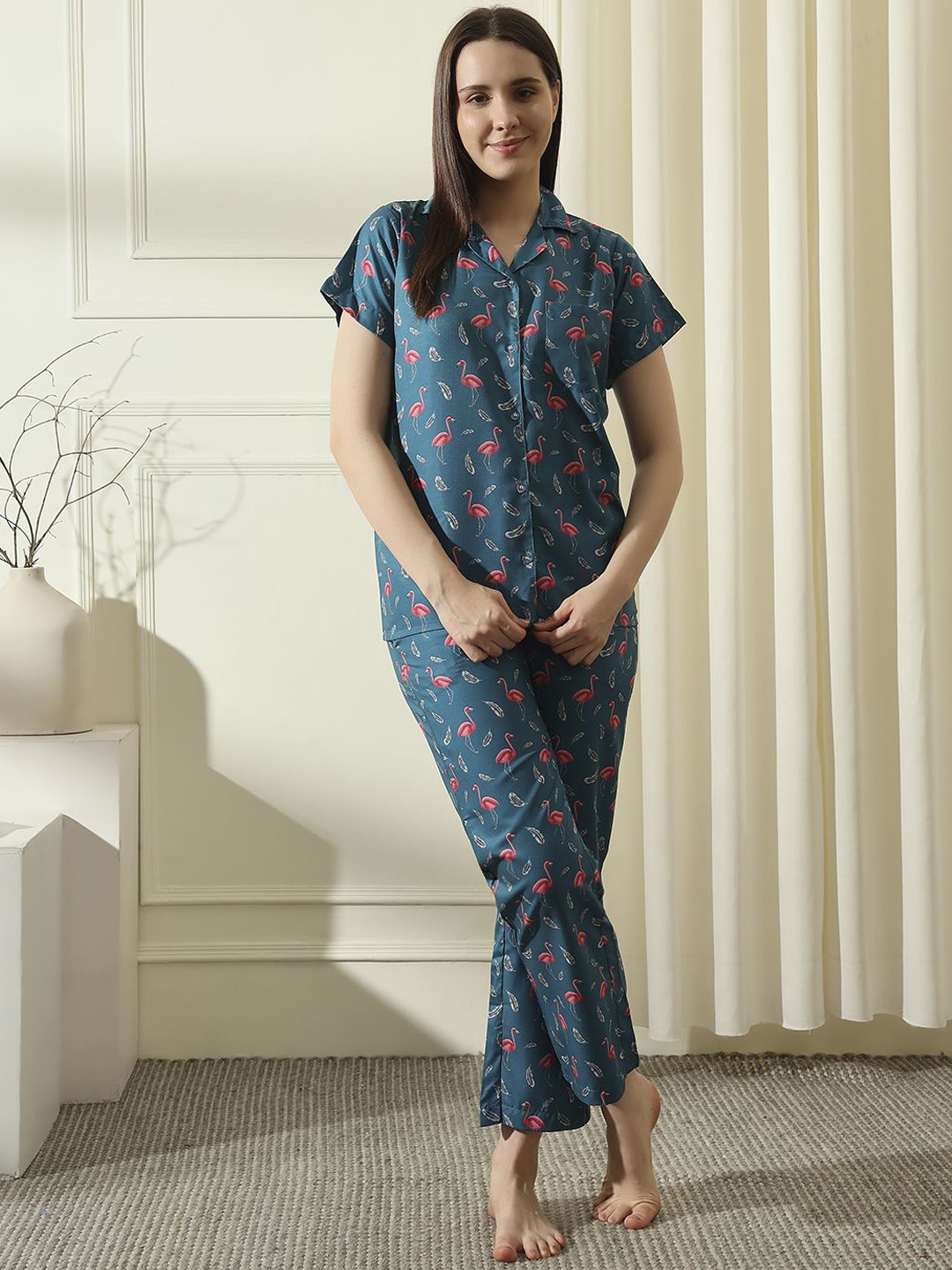 

House of Comfort Women Printed Night suit, Teal