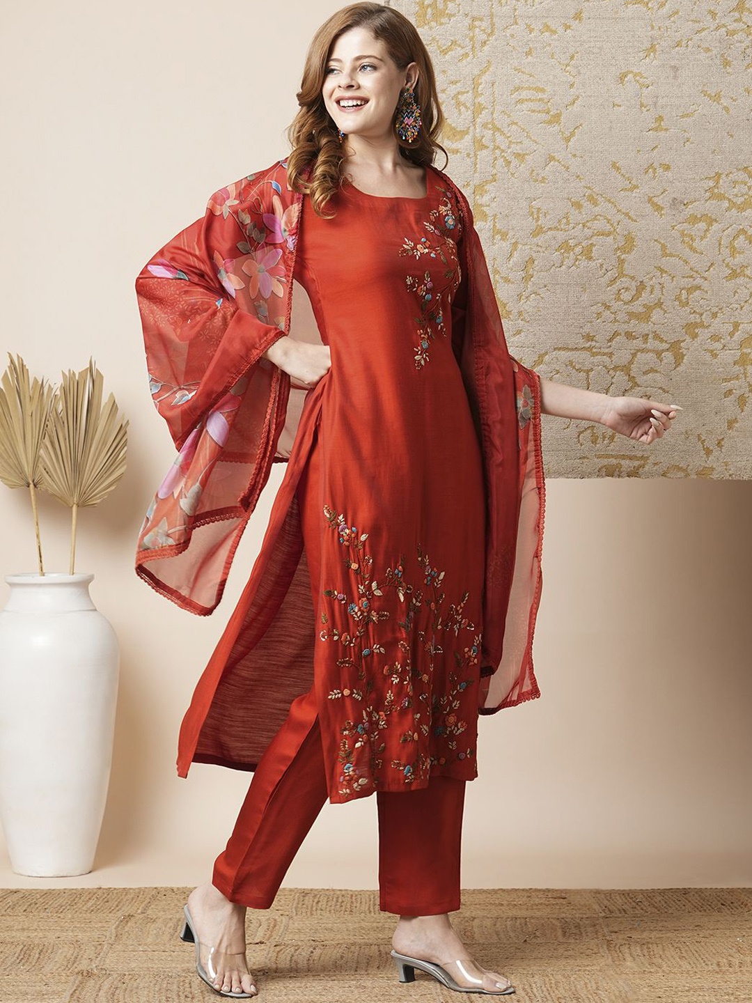 

FASHOR Women Floral Embroidered Regular Sequinned Kurta with Trousers & With Dupatta, Rust