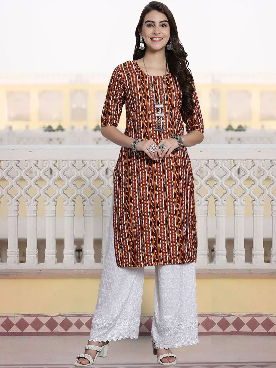 

7Threads Women Ethnic Motifs Printed Keyhole Neck Sequinned Floral Crepe Kurta, Multi