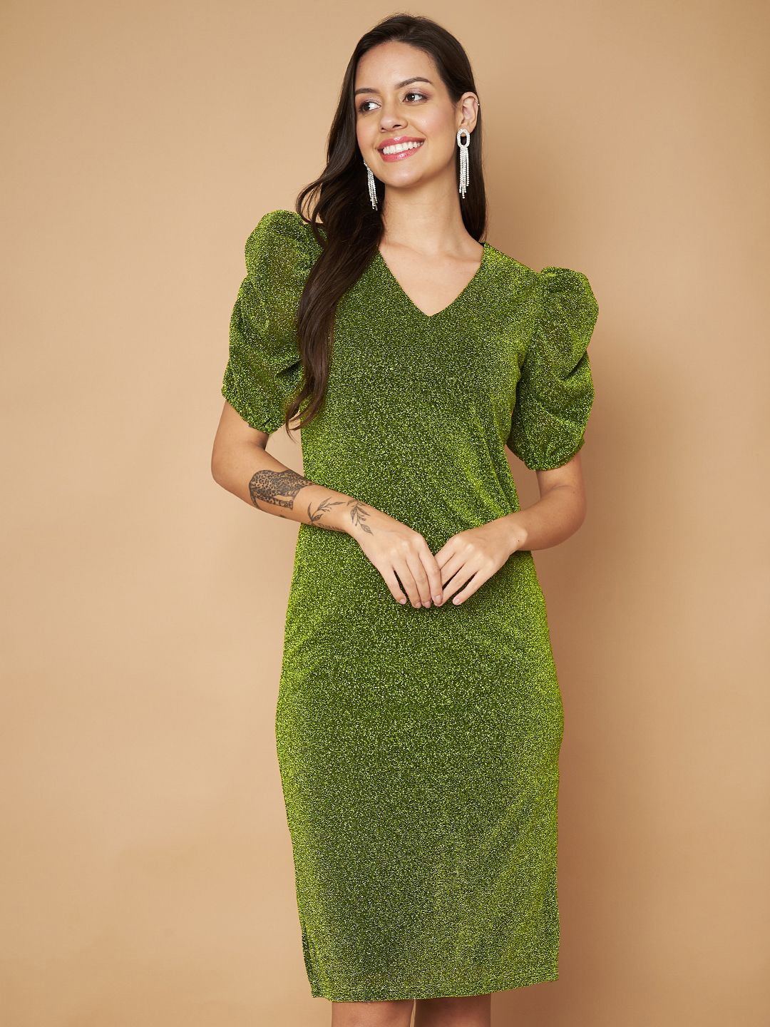 

Justin Whyte Women Puff Sleeve Sheath Dress, Green