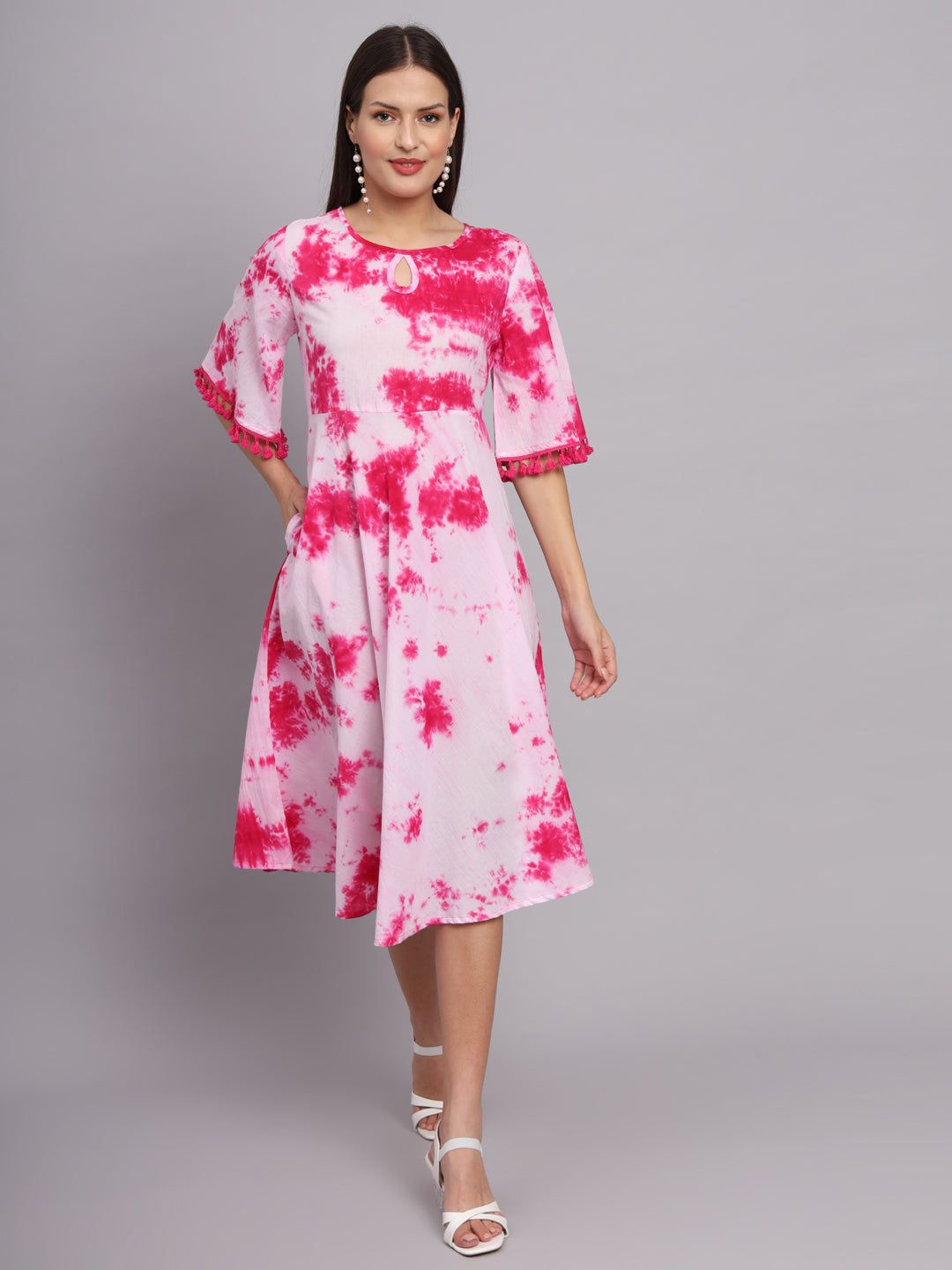 

KALINI Tie and Dye Dyed Flared Sleeves Cotton A-Line Dress, Pink