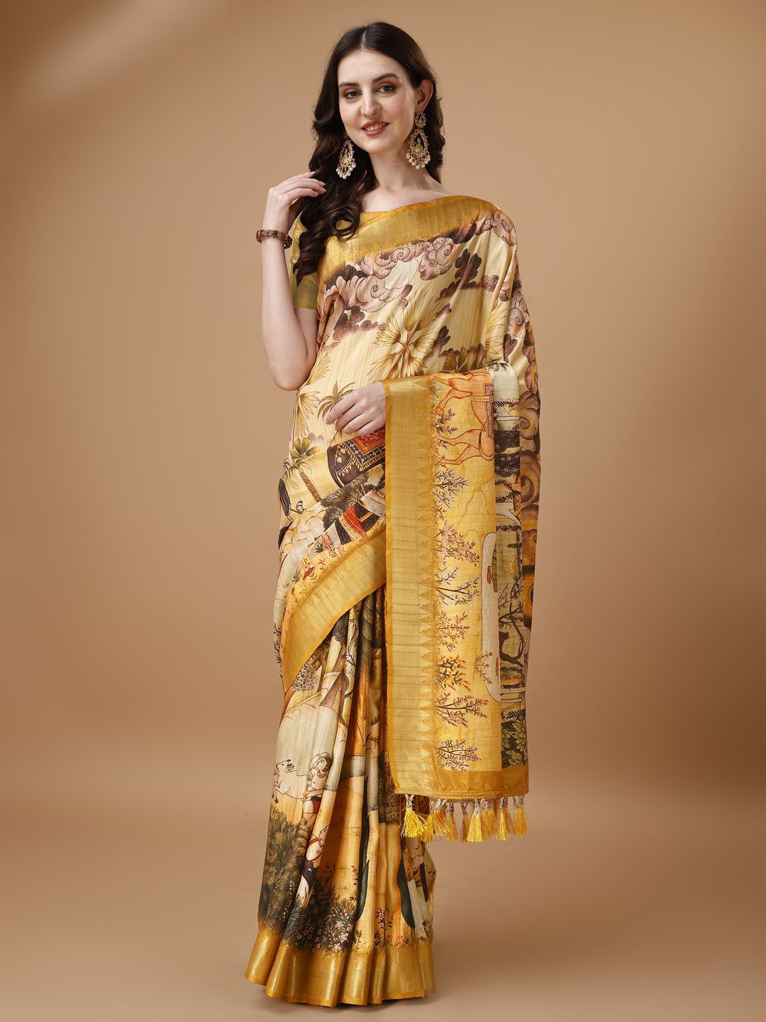 

Kaizen TEXO FAB Women Ethnic Motifs Zari Silk Blend Tussar Saree, Yellow