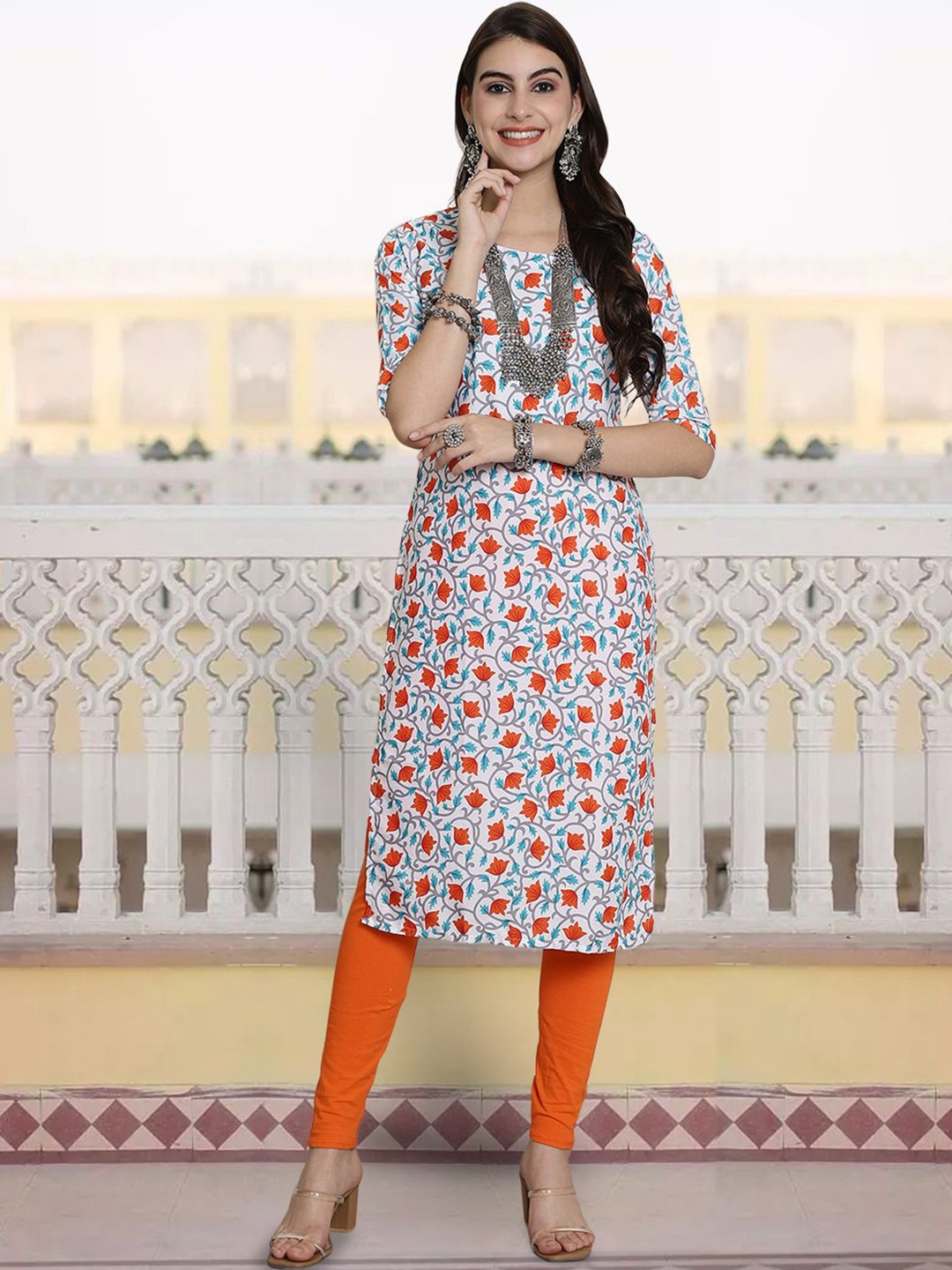 

7Threads Women Ethnic Motifs Printed Sequinned Floral Crepe Kurta, Multi