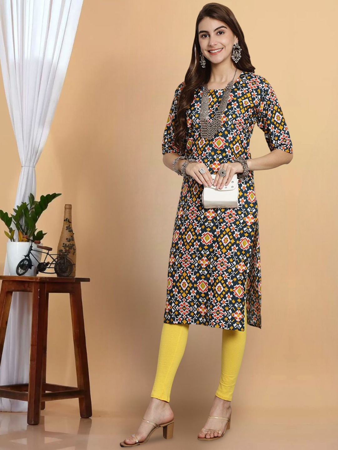 

7Threads Women Geometric Printed Thread Work Floral Crepe Kurta, Multi