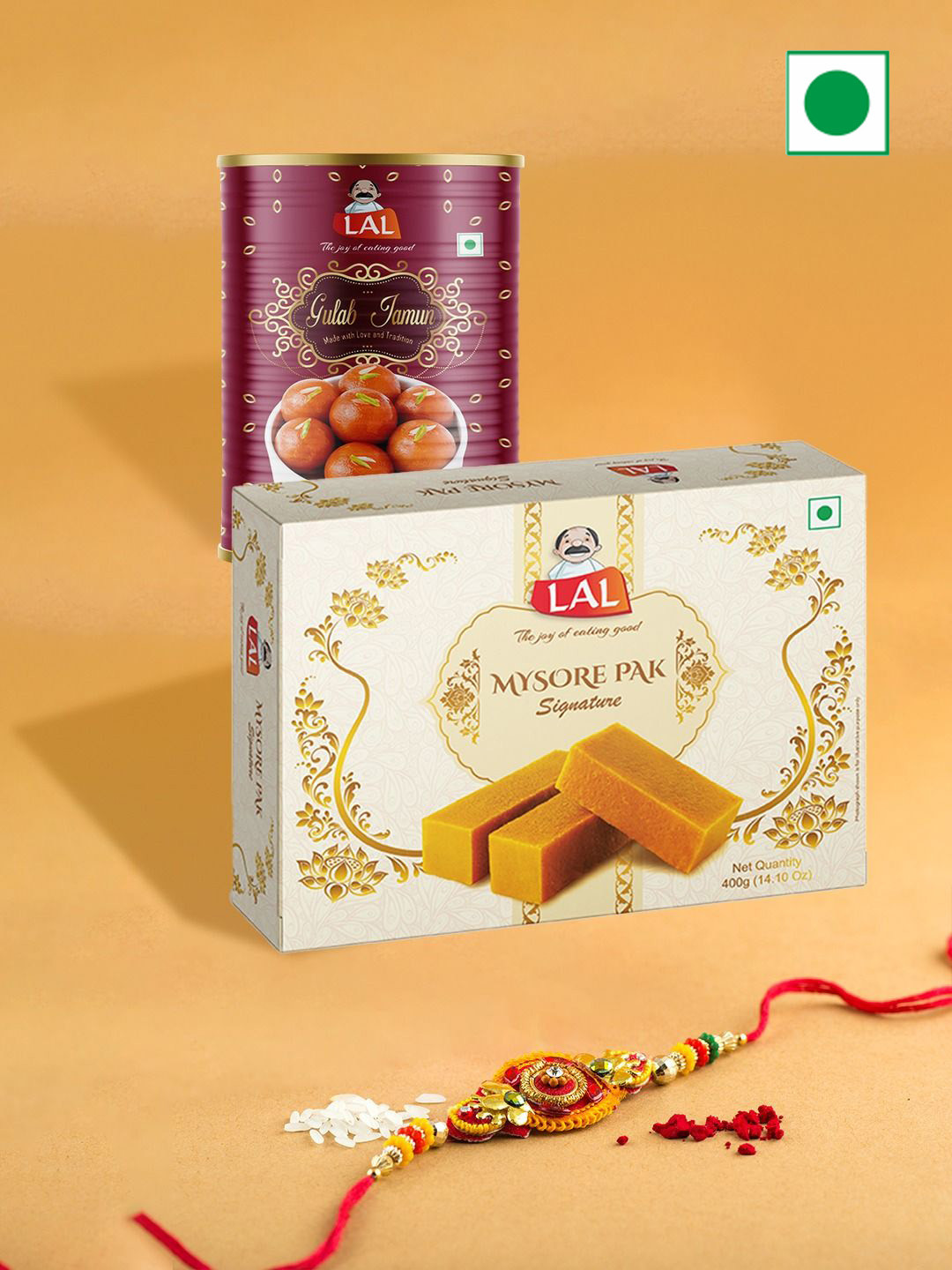 

LAL 1-Pc Rakhi With Gulab Jamun & Mysore Pak Gift Set, Red