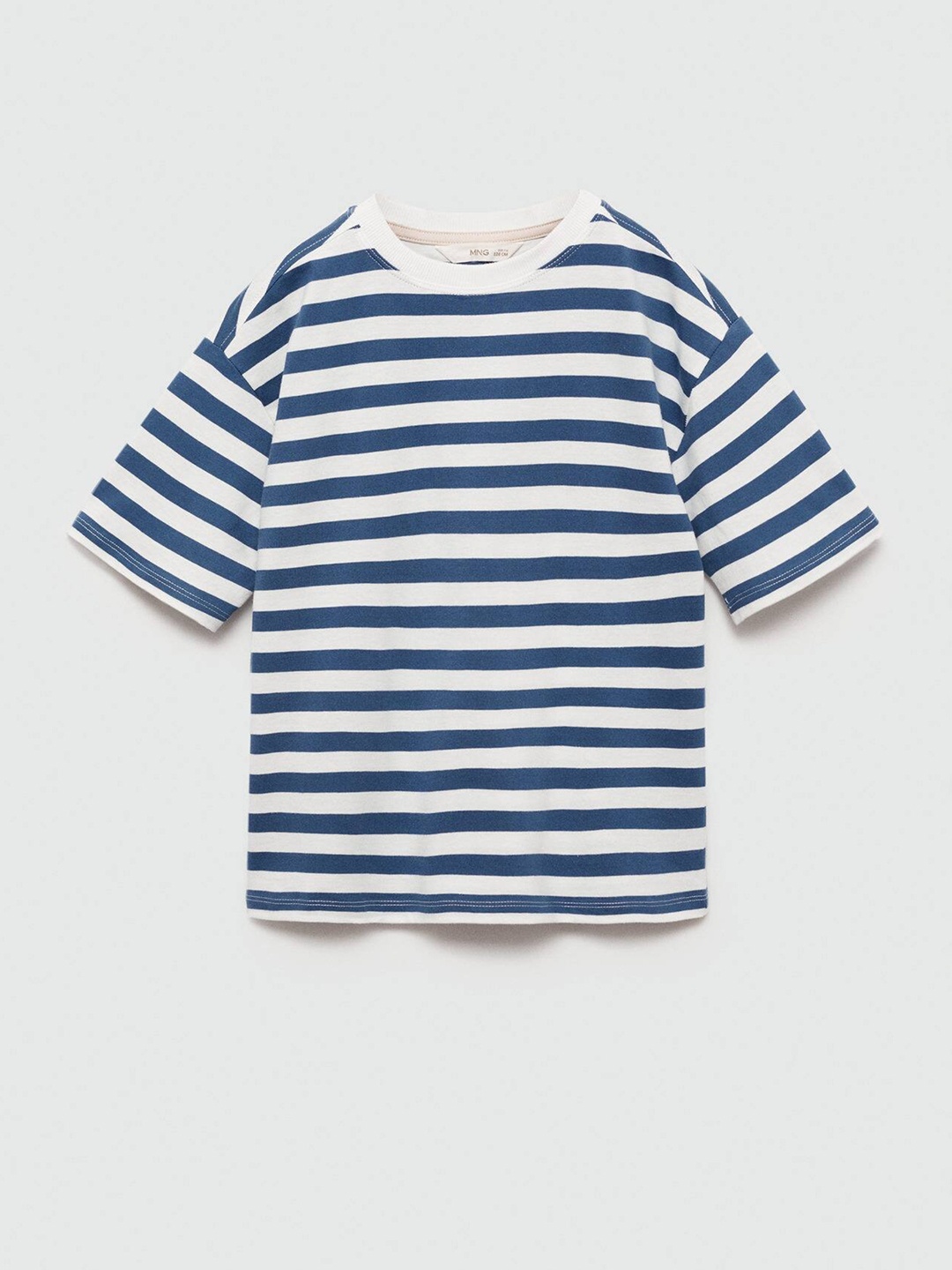 

Mango Kids Boys Pure Cotton Striped Drop-Shoulder Sleeves T-shirt, White