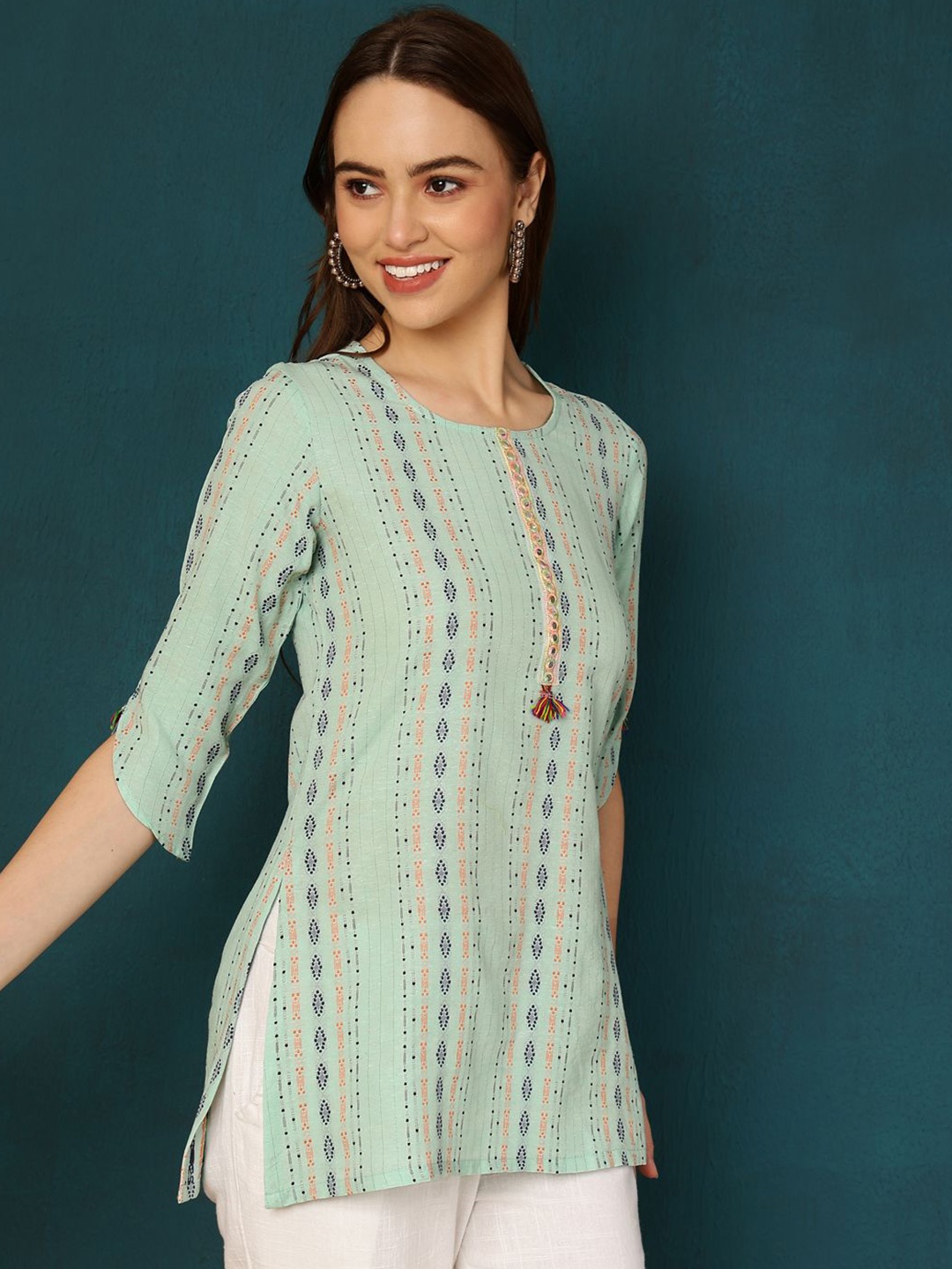 

AKIMIA Woven Design Mirror Work Mirror Work Kurti, Sea green