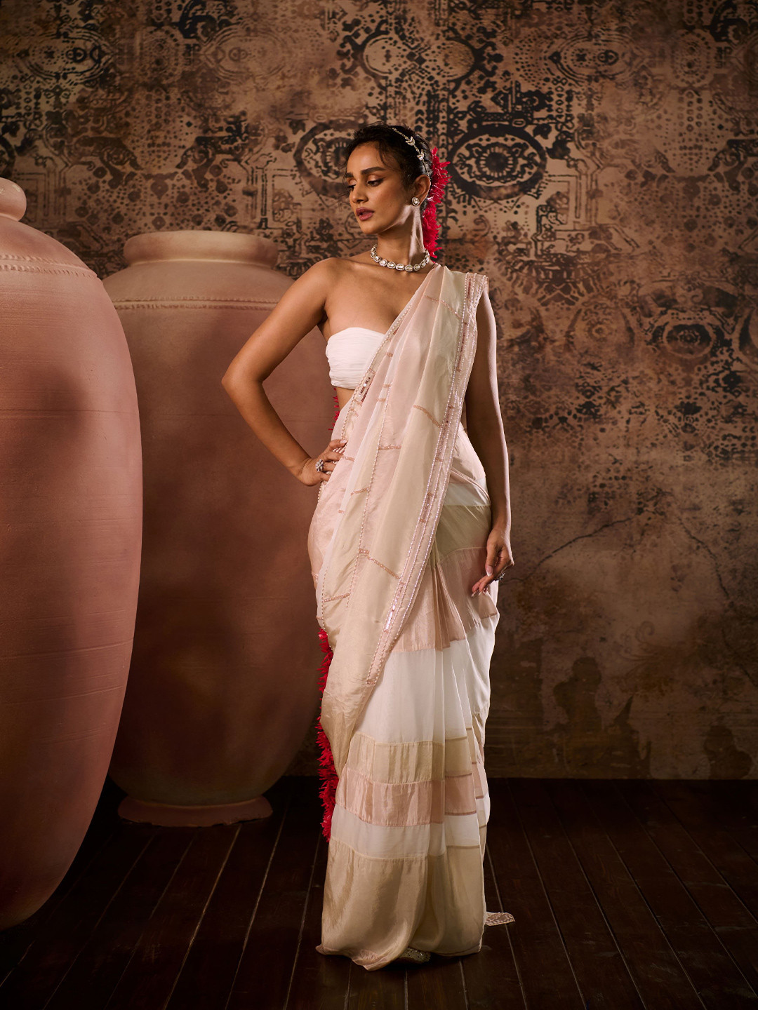 

Masumi Mewawalla Striped Beads and Stones Embroidered Saree, White