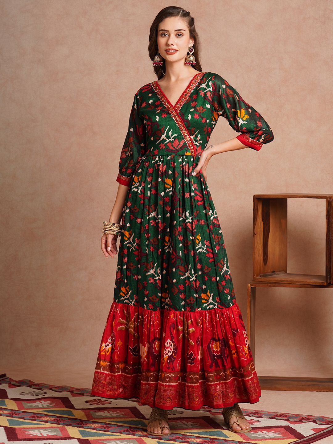 

FASHOR Ethnic Motifs Printed Crepe Maxi Ethnic Dress, Green