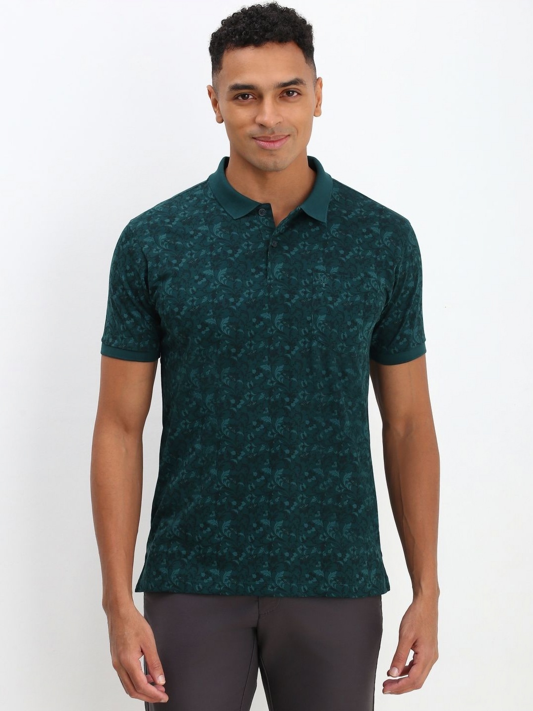

Allen Solly Men Floral Printed Polo Collar Cotton T-Shirt, Green