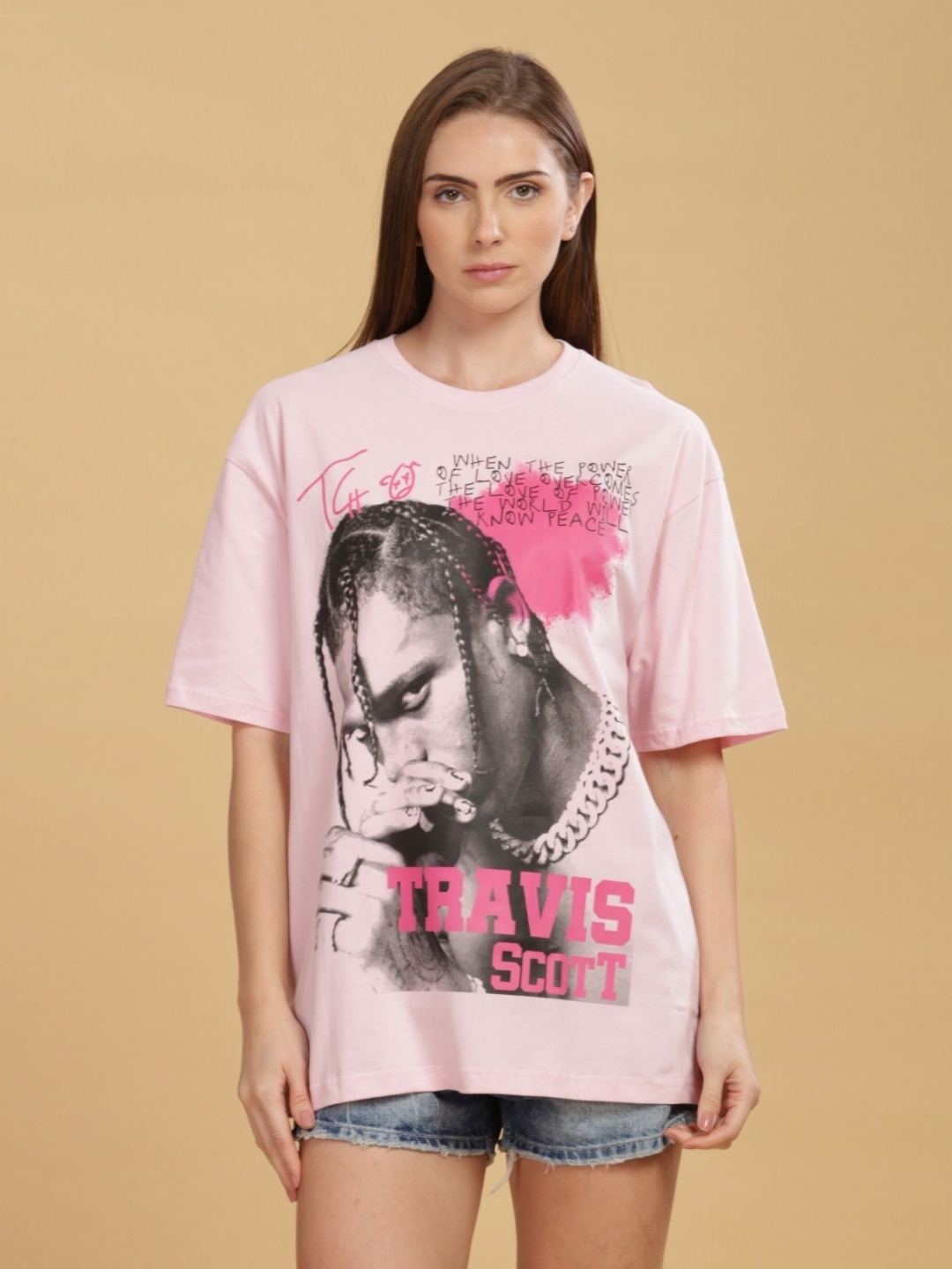 

CAPTCHA Women Graphic Printed Round Neck Cotton Oversized T-Shirt, Pink