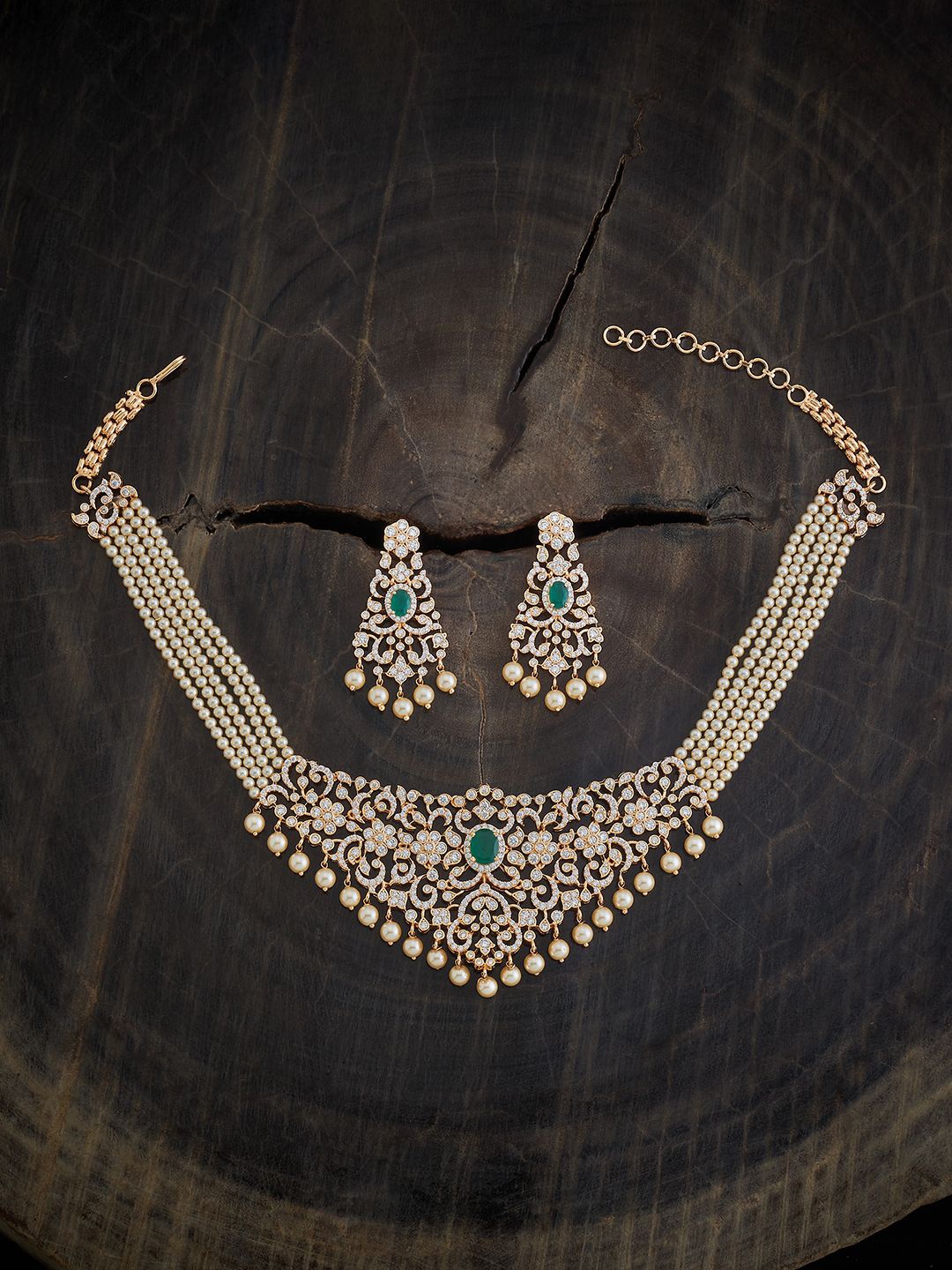 

Kushal's Fashion Jewellery Gold-Plated CZ Studded & Beaded Necklace and Earrings