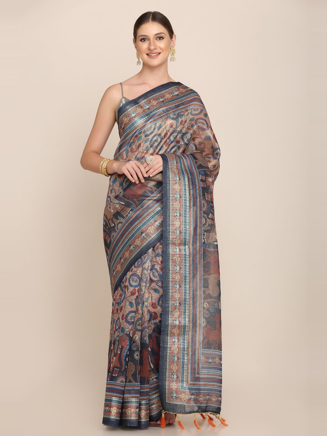 

Kaizen TEXO FAB Women Floral Printed Khadi Saree With Printed Border, Blue