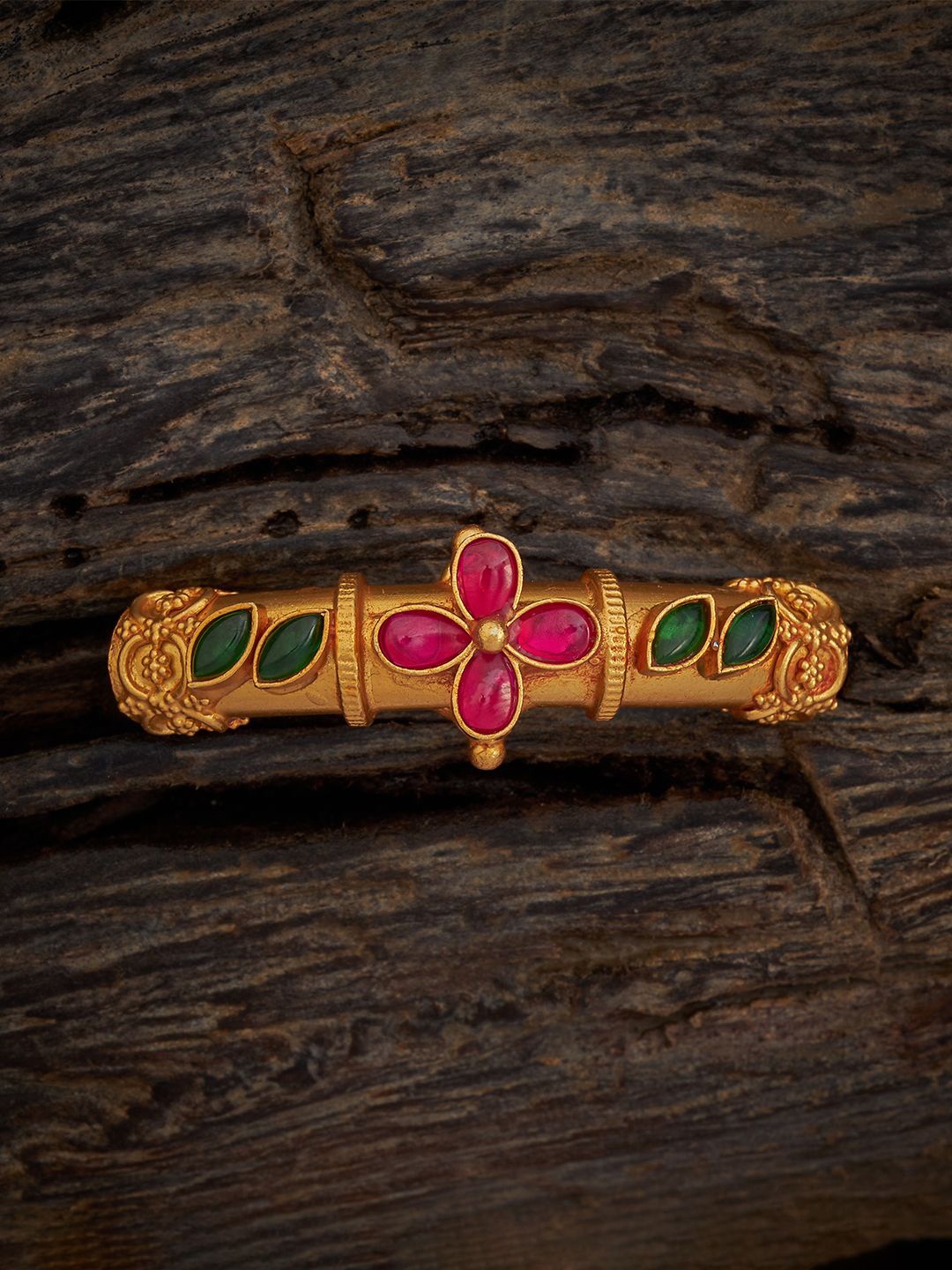 

Kushal's Fashion Jewellery 92.5 Pure Silver Gold-Plated Stone-Studded Temple Bangle