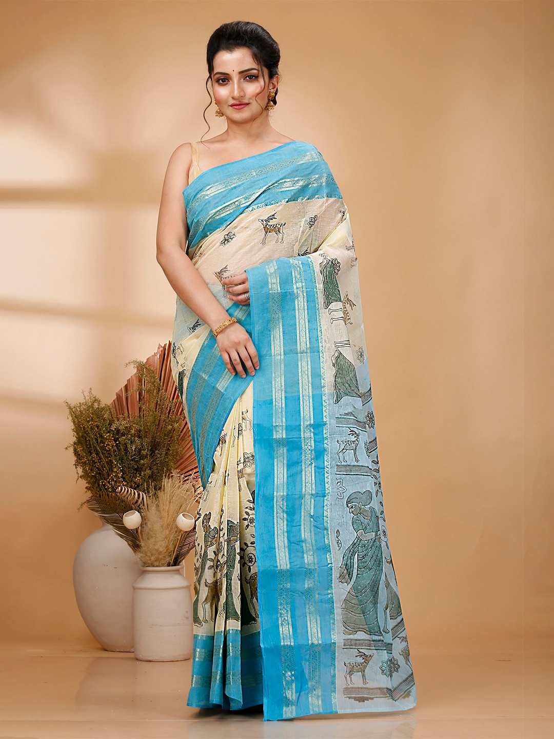 

PuJoy Floral Zari Pure Cotton Taant Saree, Blue