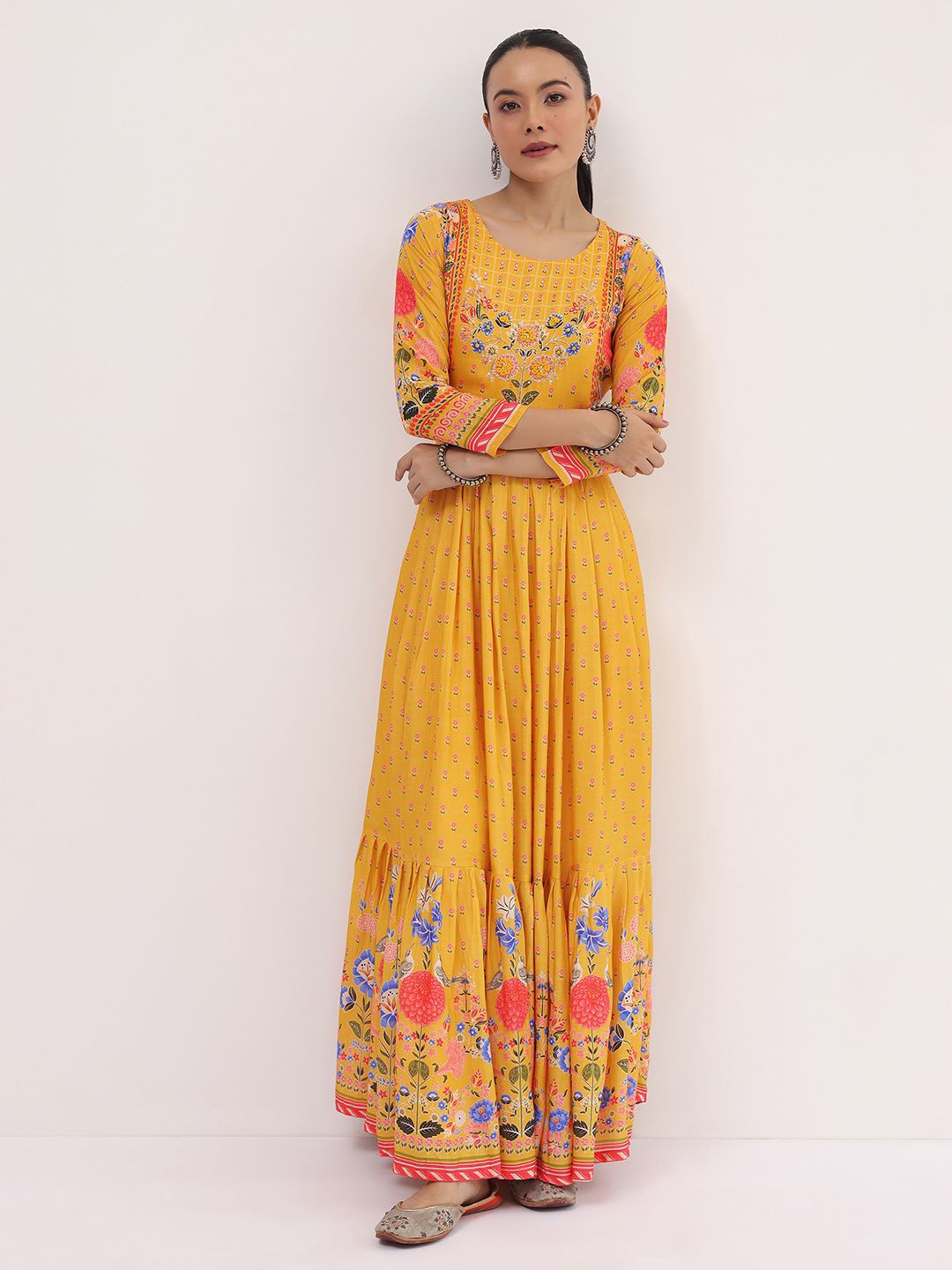 

KALKI Fashion Embroidered Flared Ethnic Dress, Yellow