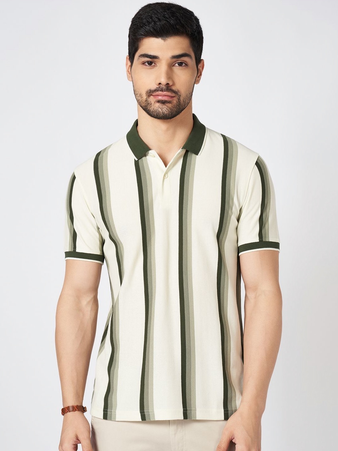 

BYFORD by Pantaloons Men Striped Polo Collar Cotton Slim Fit T-Shirt, Off white