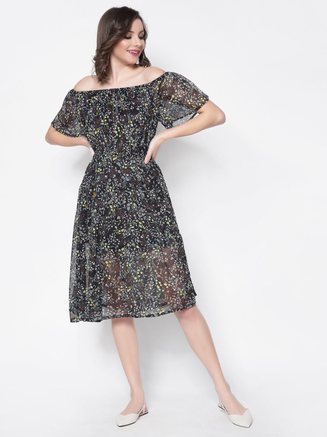 

Sera Floral Print Off-Shoulder Flared Sleeve Fit & Flare Dress, Black