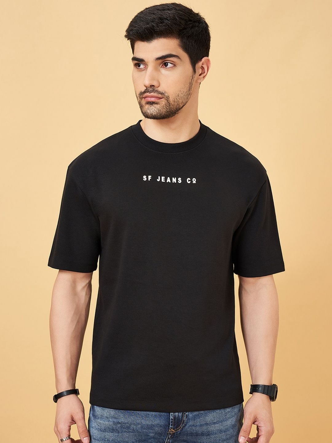 

SF JEANS by Pantaloons Men Typography Printed Round Neck Cotton Oversized T-Shirt, Black