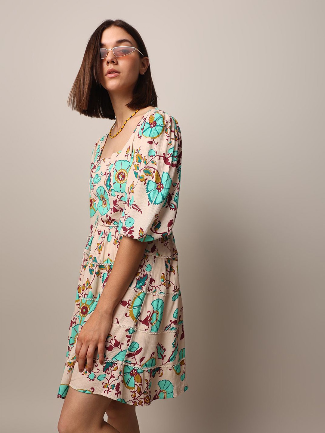 

ONLY rayon Floral Print Square Neck Tie-Ups Fit & Flare Dress, Beige