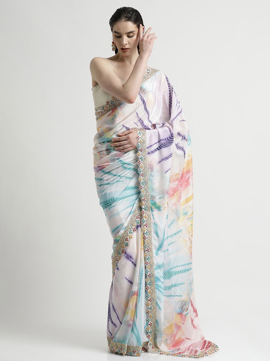 

Jaipur Kurti Embroidered Tie And Dye Satin Saree, White