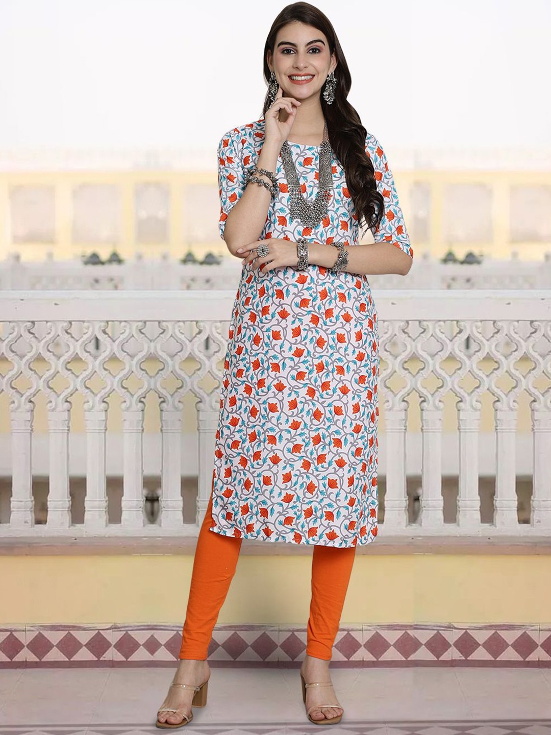 

7Threads Women Ethnic Motifs Printed Sequinned Floral Crepe Kurta, Multi