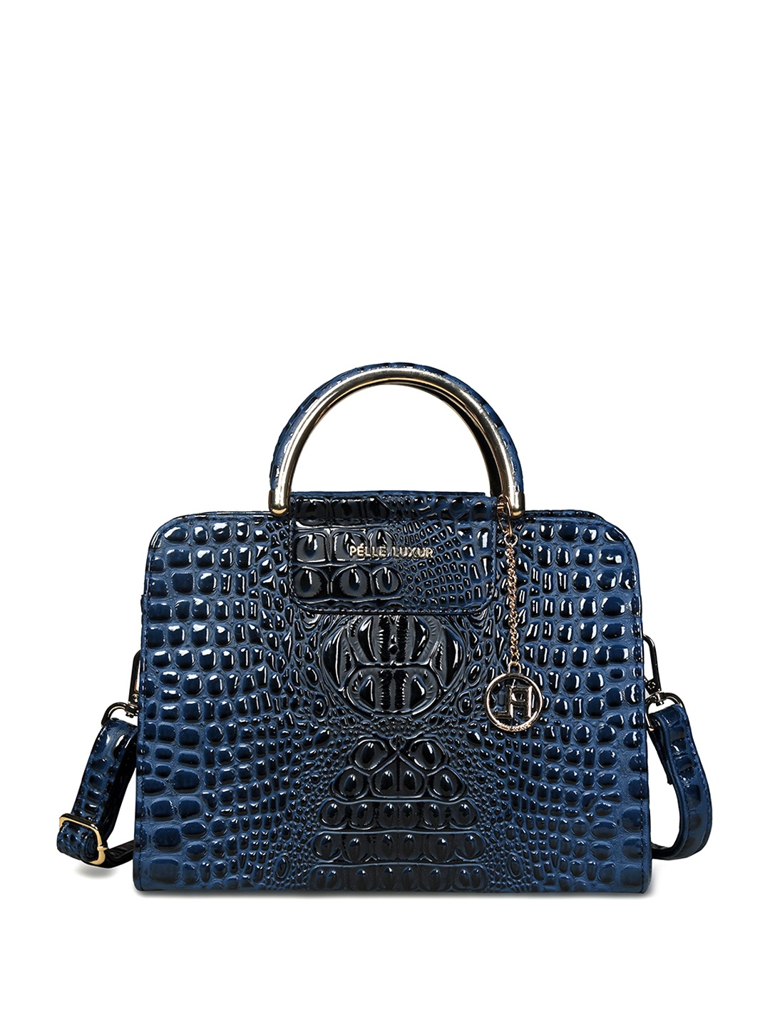 

PELLE LUXUR Textured PU Oversized Structured Handheld Bag with Tasselled, Navy blue