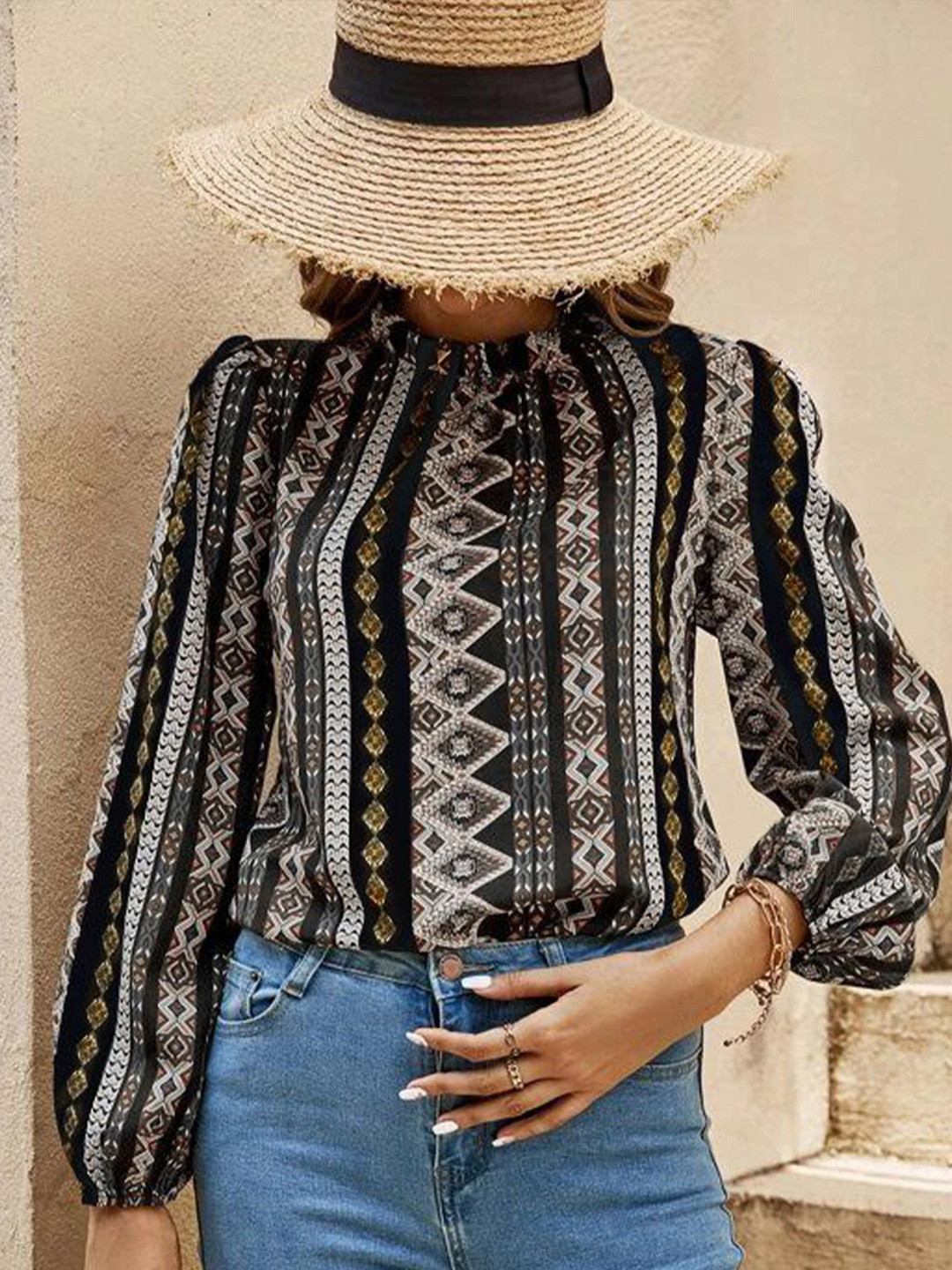 

Stylecast X Slyck Geometric Printed High Neck Puff Sleeve Top, Black
