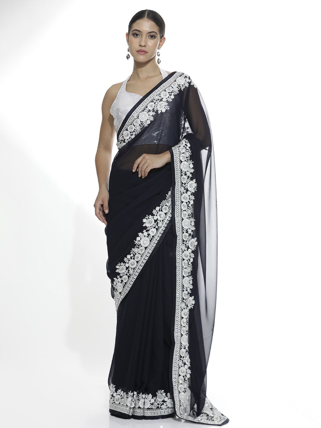 

Jaipur Kurti Embroidered Pure Georgette party wear Saree, Black