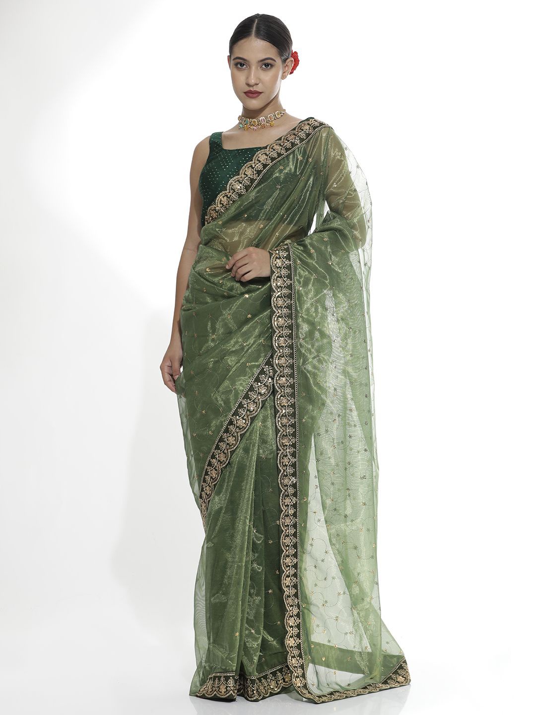 

Jaipur Kurti Embellished Sequinned Net Saree, Green